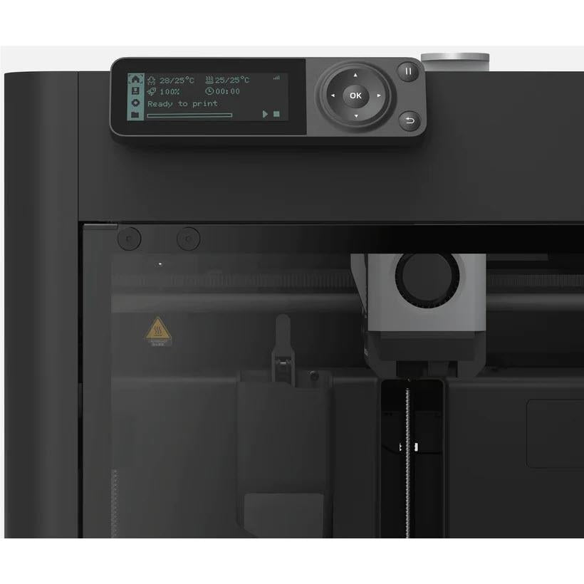 Enclosed 3D printer with control screen and nozzle assembly inside chamber