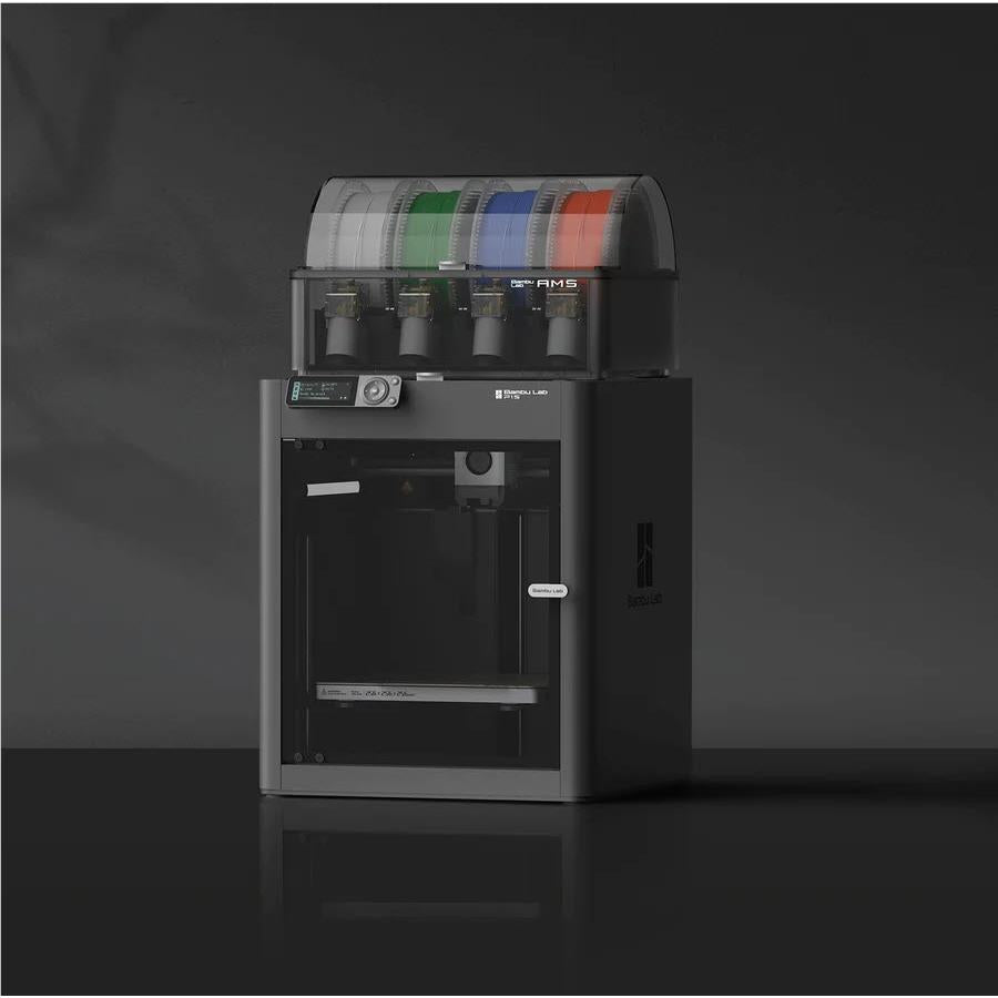Enclosed 3D printer front view with top multicolor filament spool holder