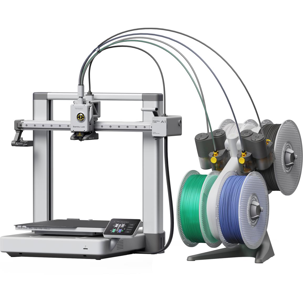 Open-frame 3D printer with multi-color filament spool rack and connected cables