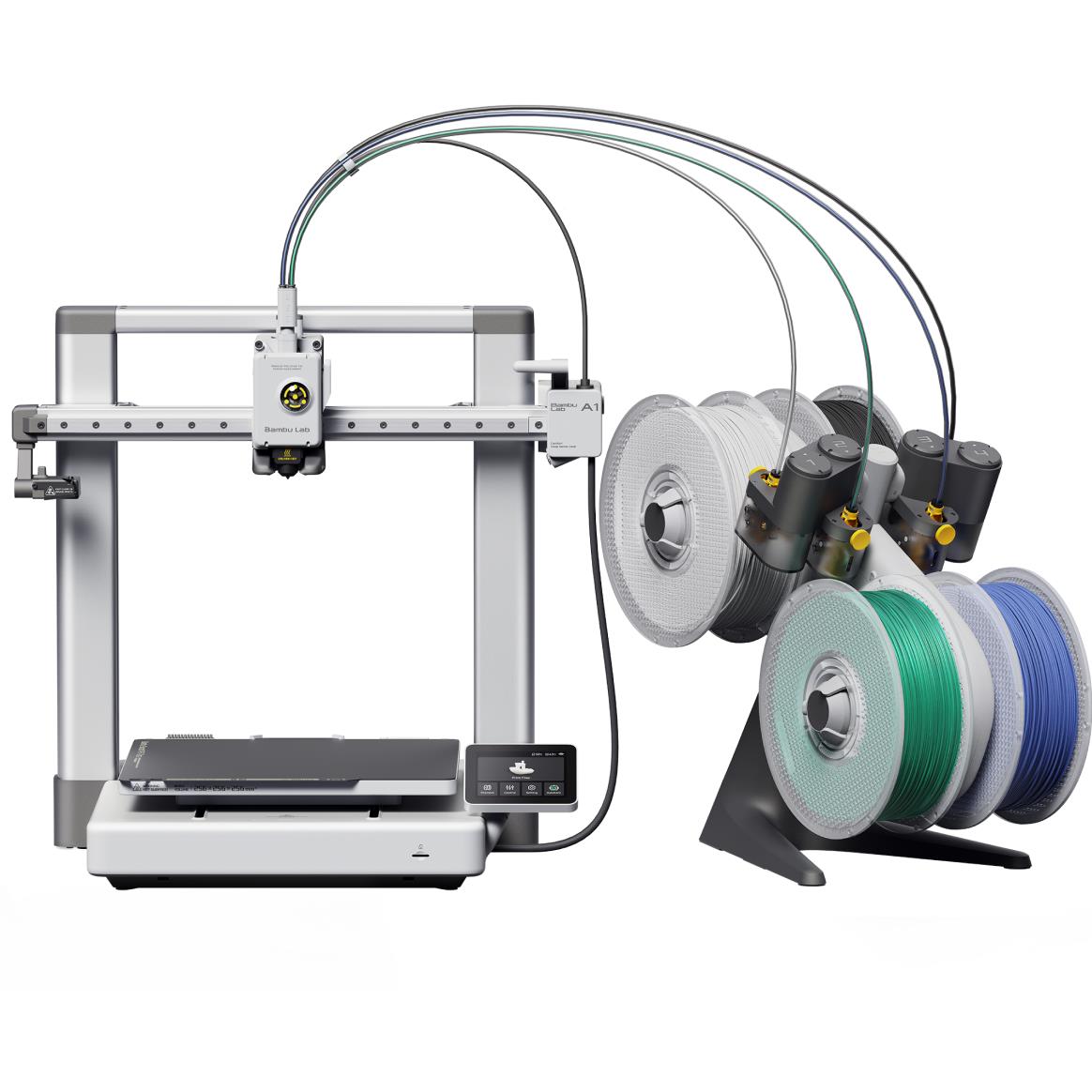 Open-frame 3D printer with filament spools on a side rack and cable bundle