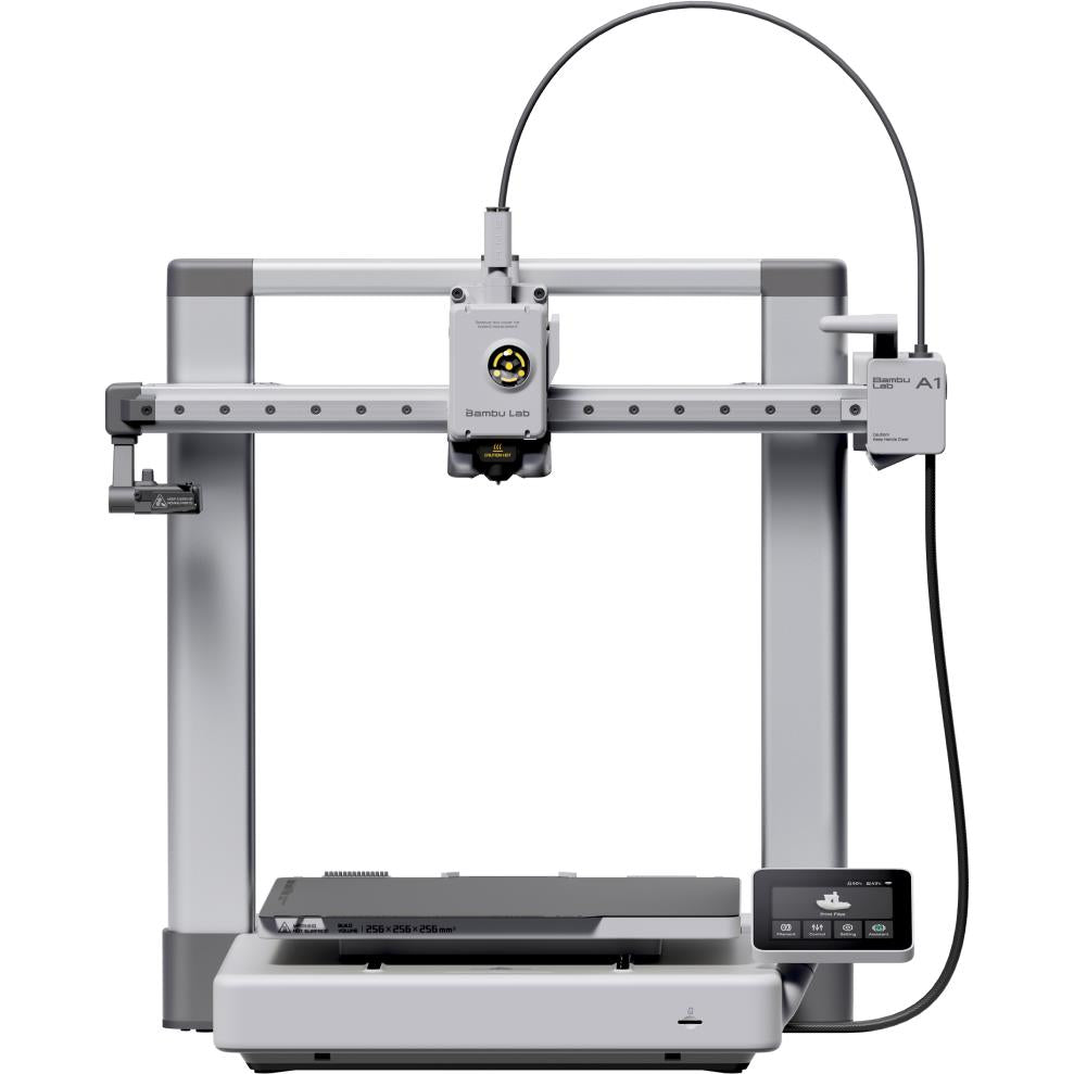 Open-frame 3D printer front view with build plate and control touchscreen