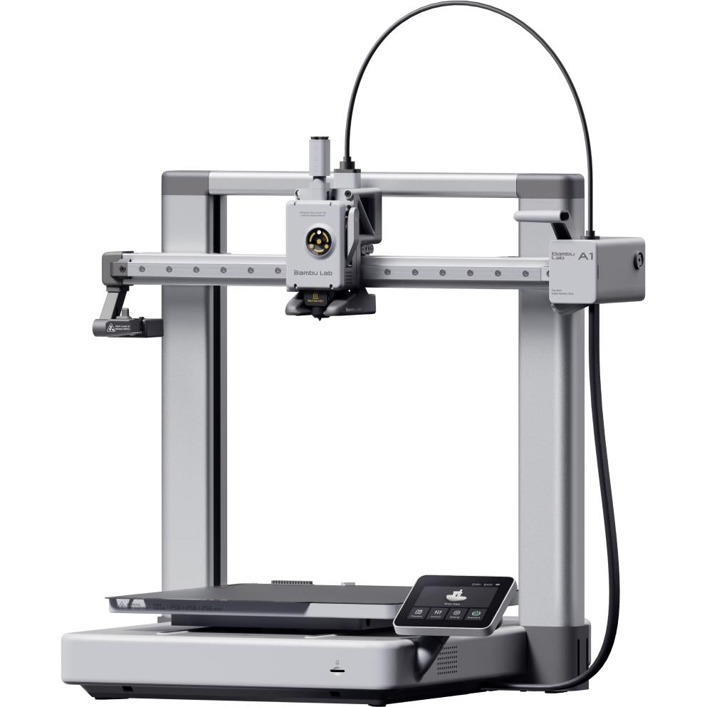 Open-frame 3D printer angled front view with nozzle carriage and touchscreen