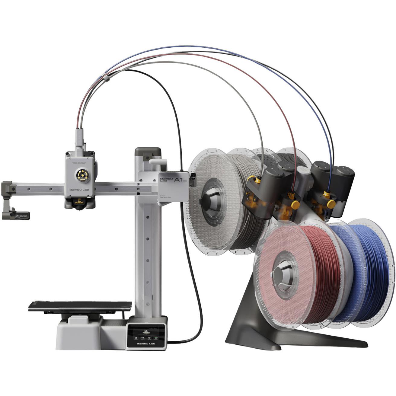 Compact desktop 3D printer with multi-color filament spools and feed module