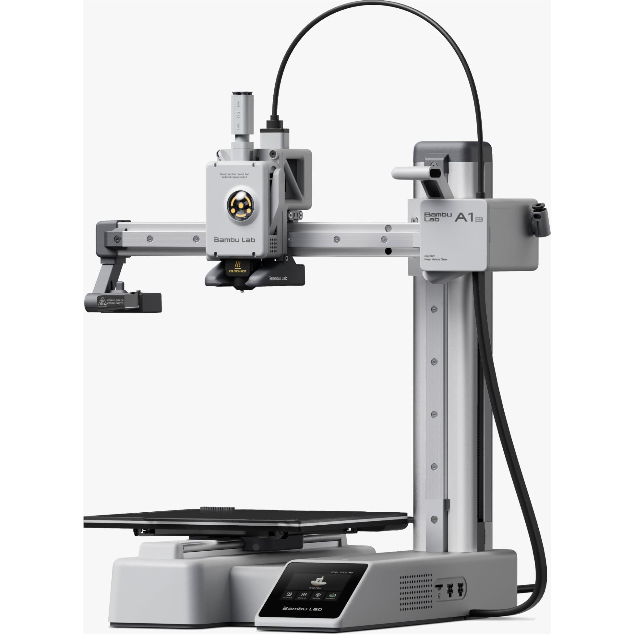 Compact desktop 3D printer with dual modules and black print platform