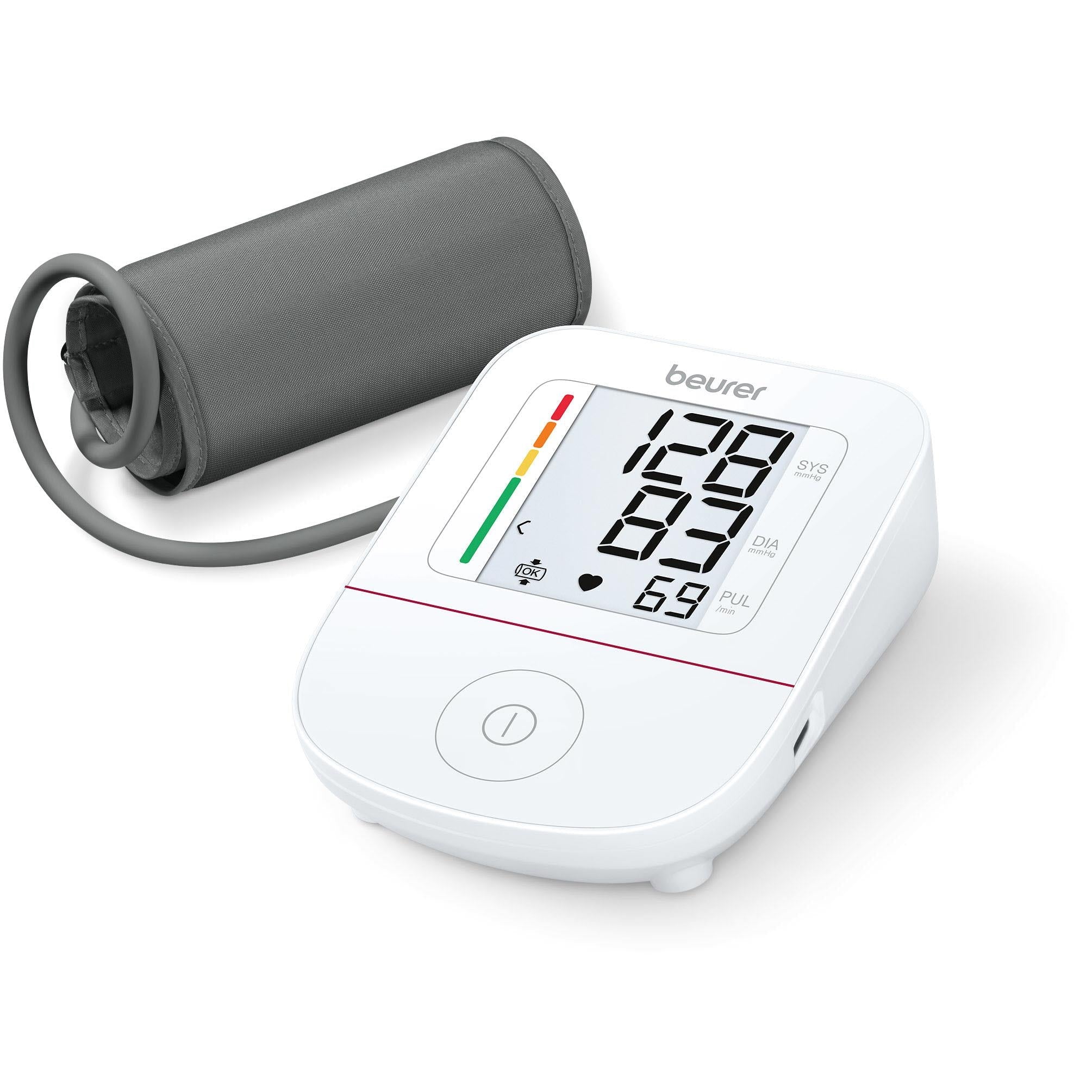 Beurer upper arm blood pressure monitor with gray cuff and white display showing readings