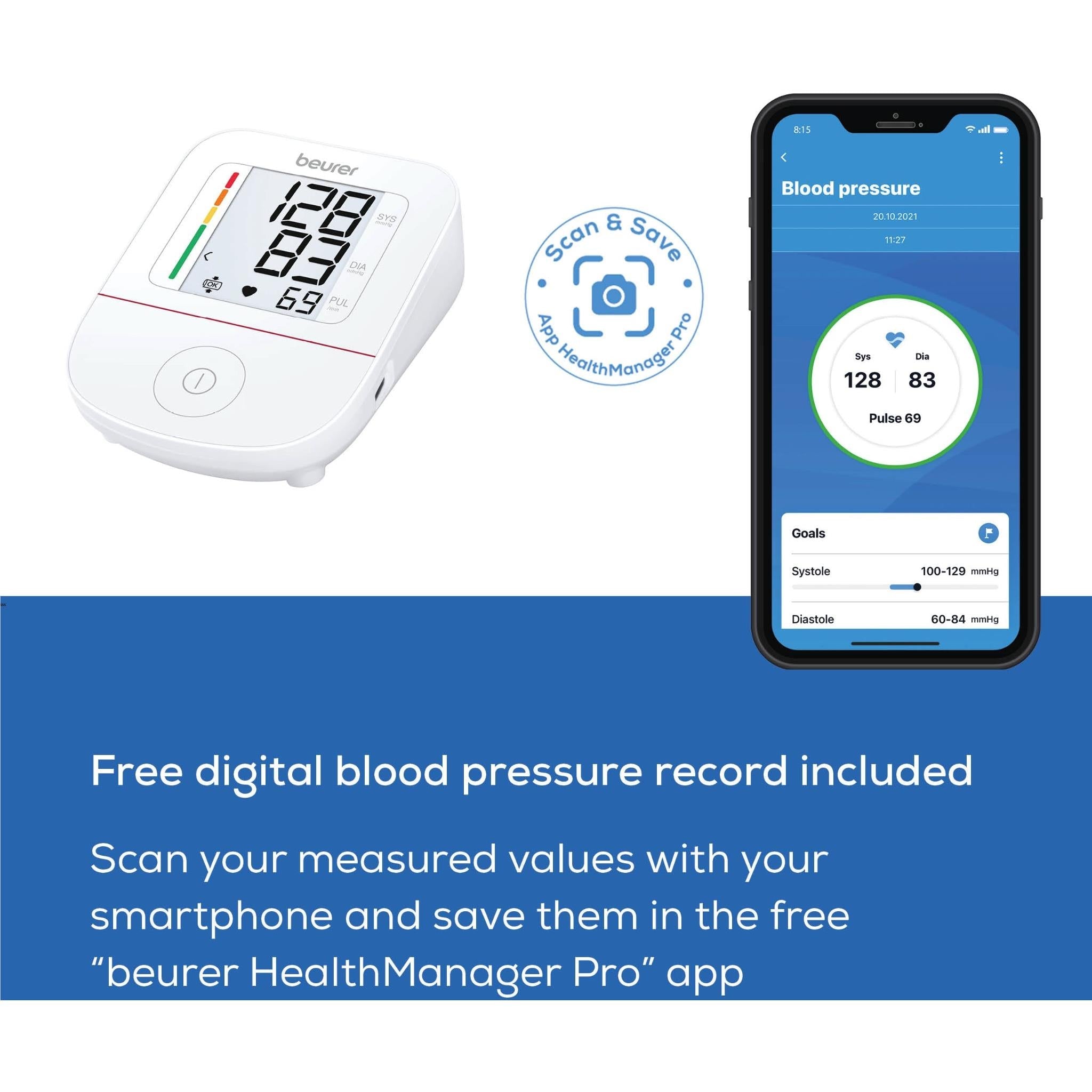 Beurer upper arm blood pressure monitor with smartphone app screen showing readings