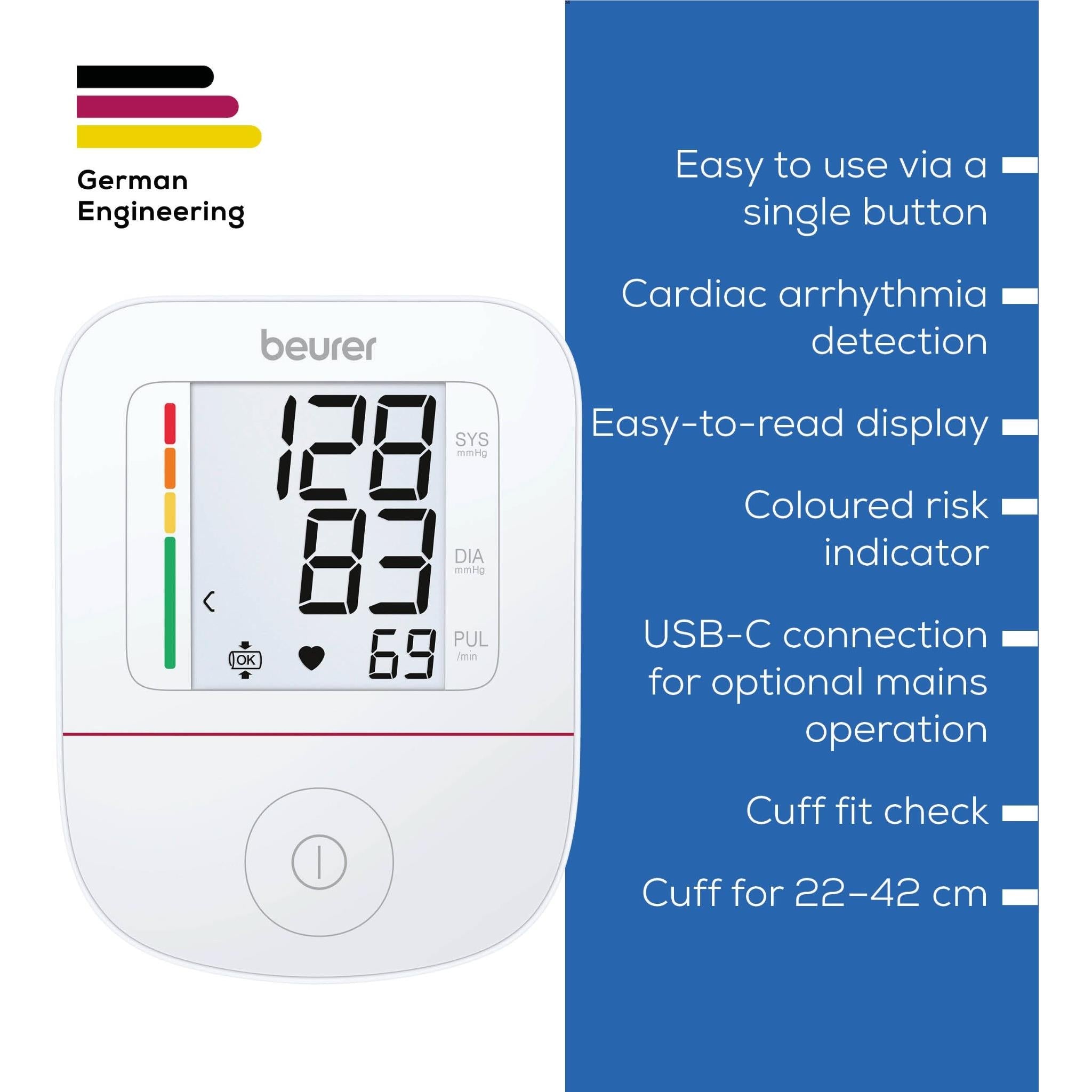 Beurer upper arm blood pressure monitor with LCD screen and gray cuff
