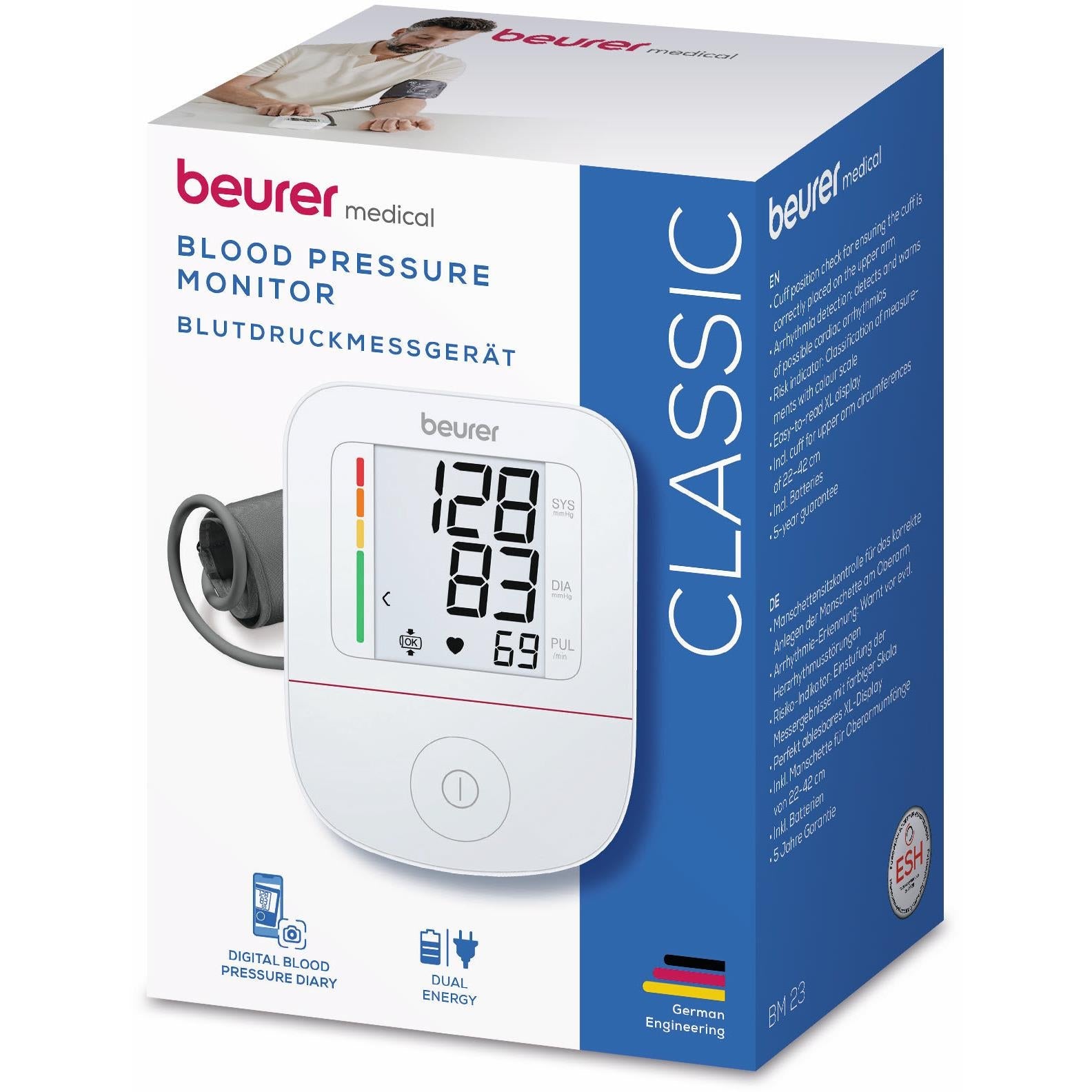 Beurer blood pressure monitor retail box with pictured white monitor and gray cuff