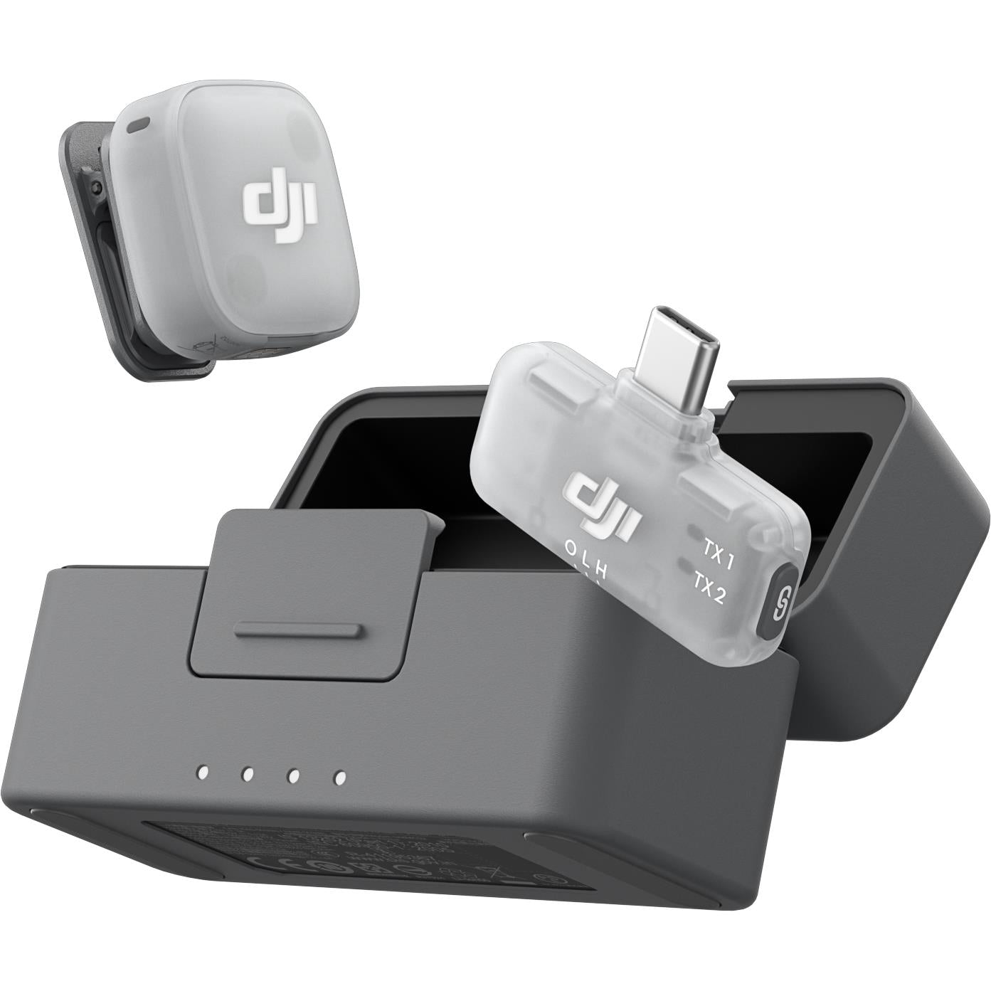DJI Mic Mini 2 wireless mic kit with transmitter, receiver, and charging case