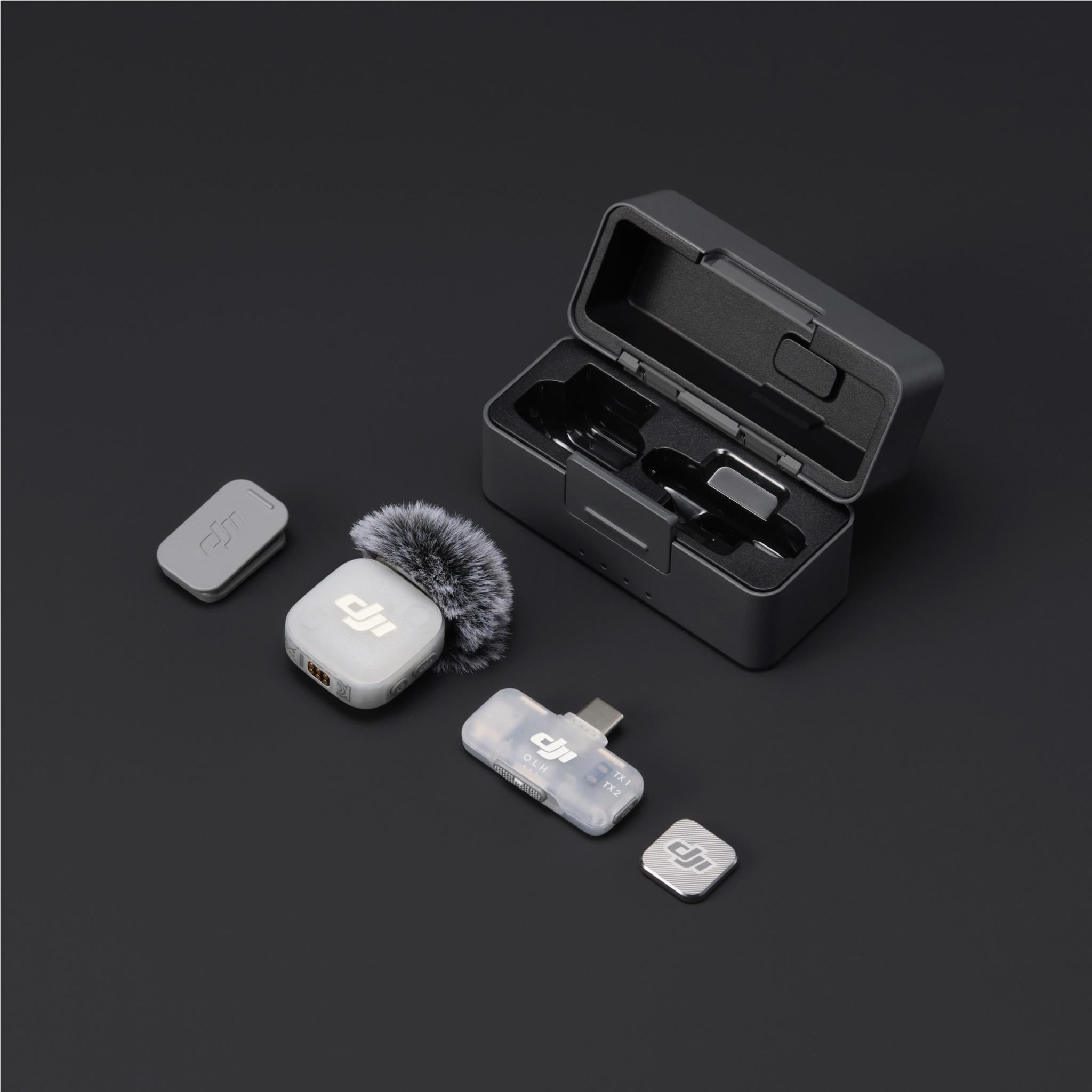 DJI Mic Mini 2 wireless mic kit accessories: transmitters, receiver, windscreen, case