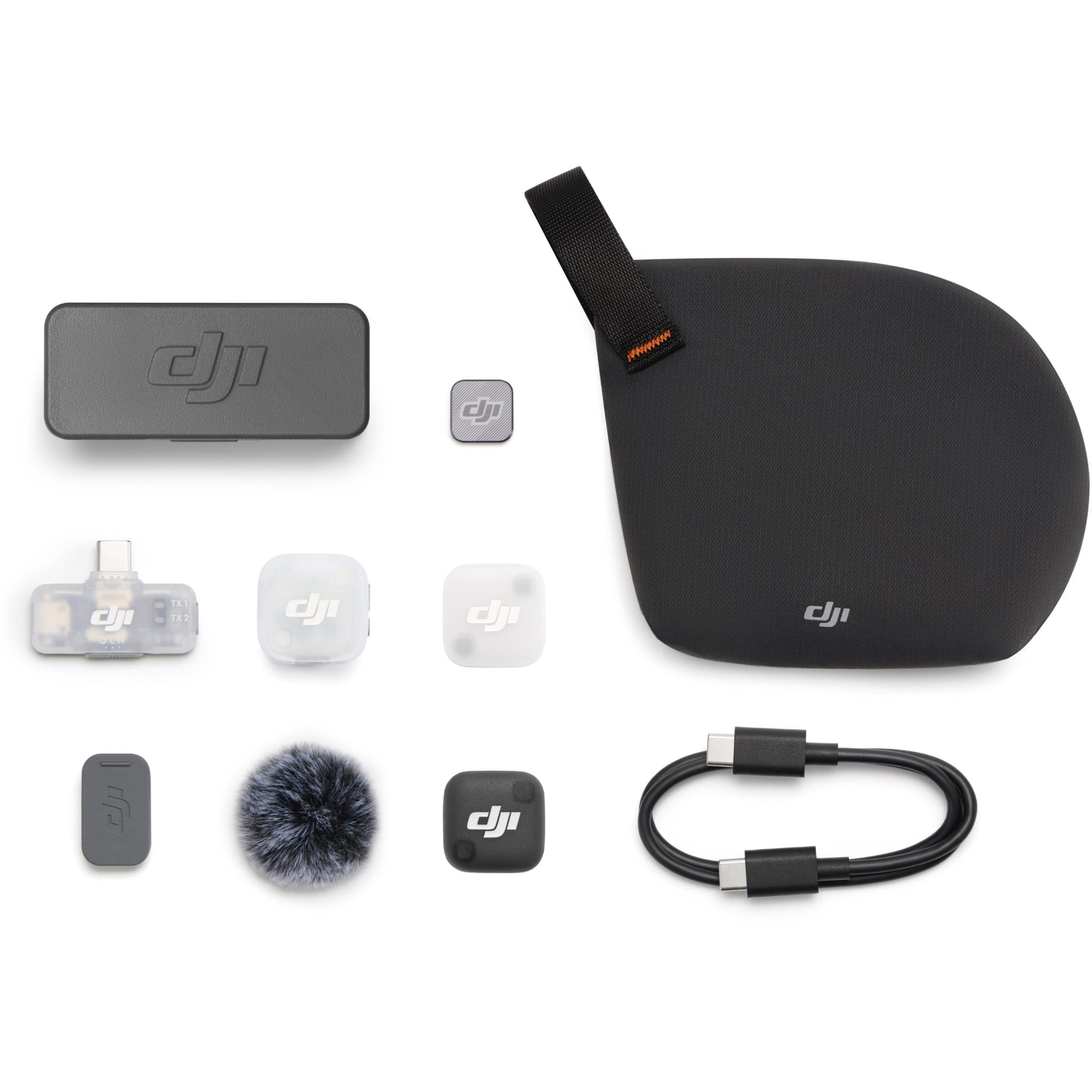 DJI Mic Mini 2 wireless mic kit components with cable, clip, and windscreen