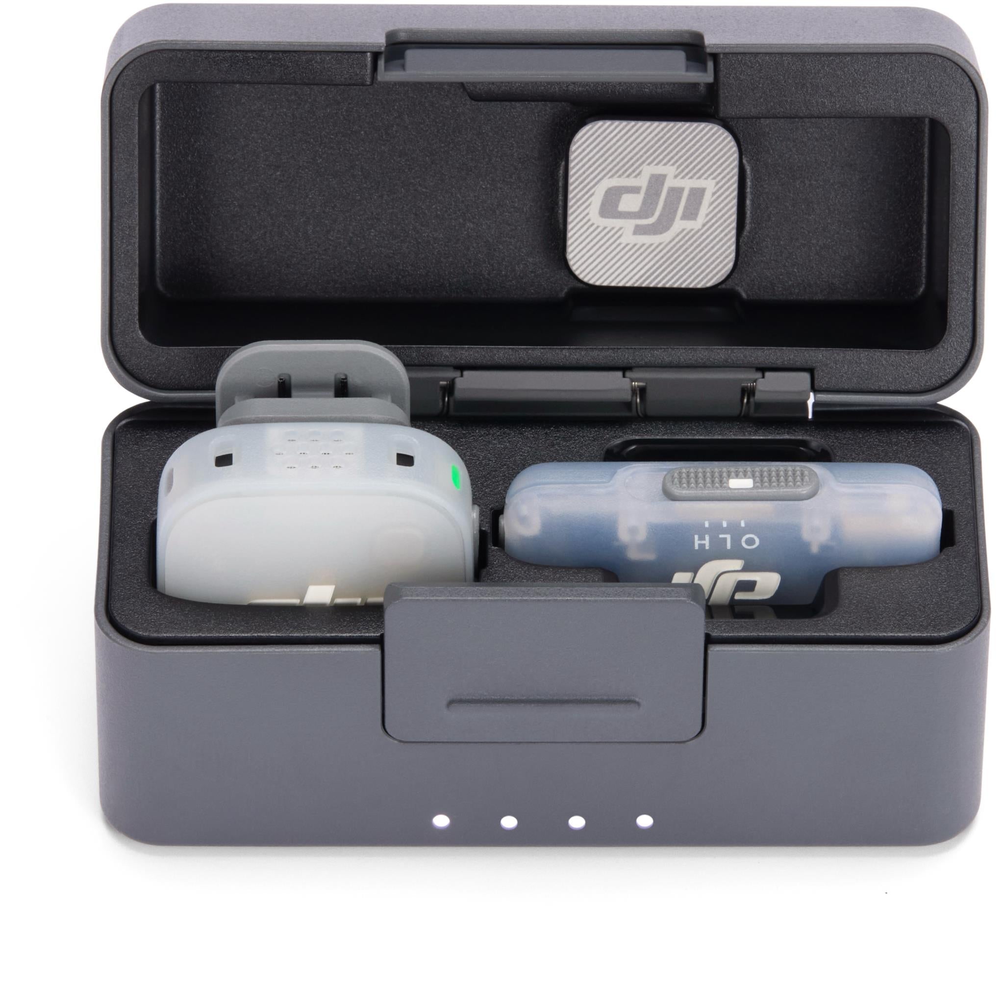DJI Mic Mini 2 wireless mic kit case opened with receiver and transmitters
