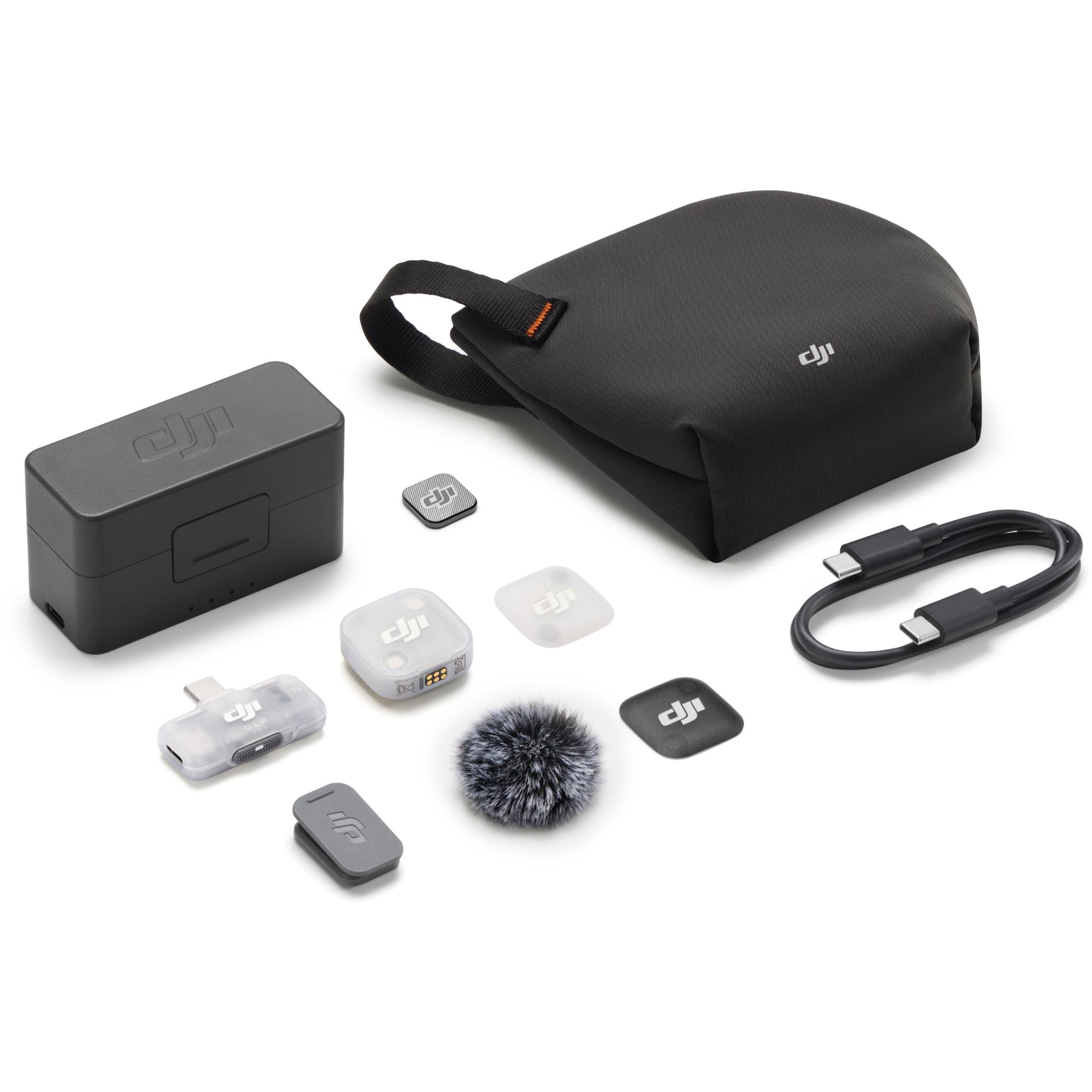 DJI Mic Mini 2 wireless mic kit with carrying pouch, transmitters, receiver, and cable