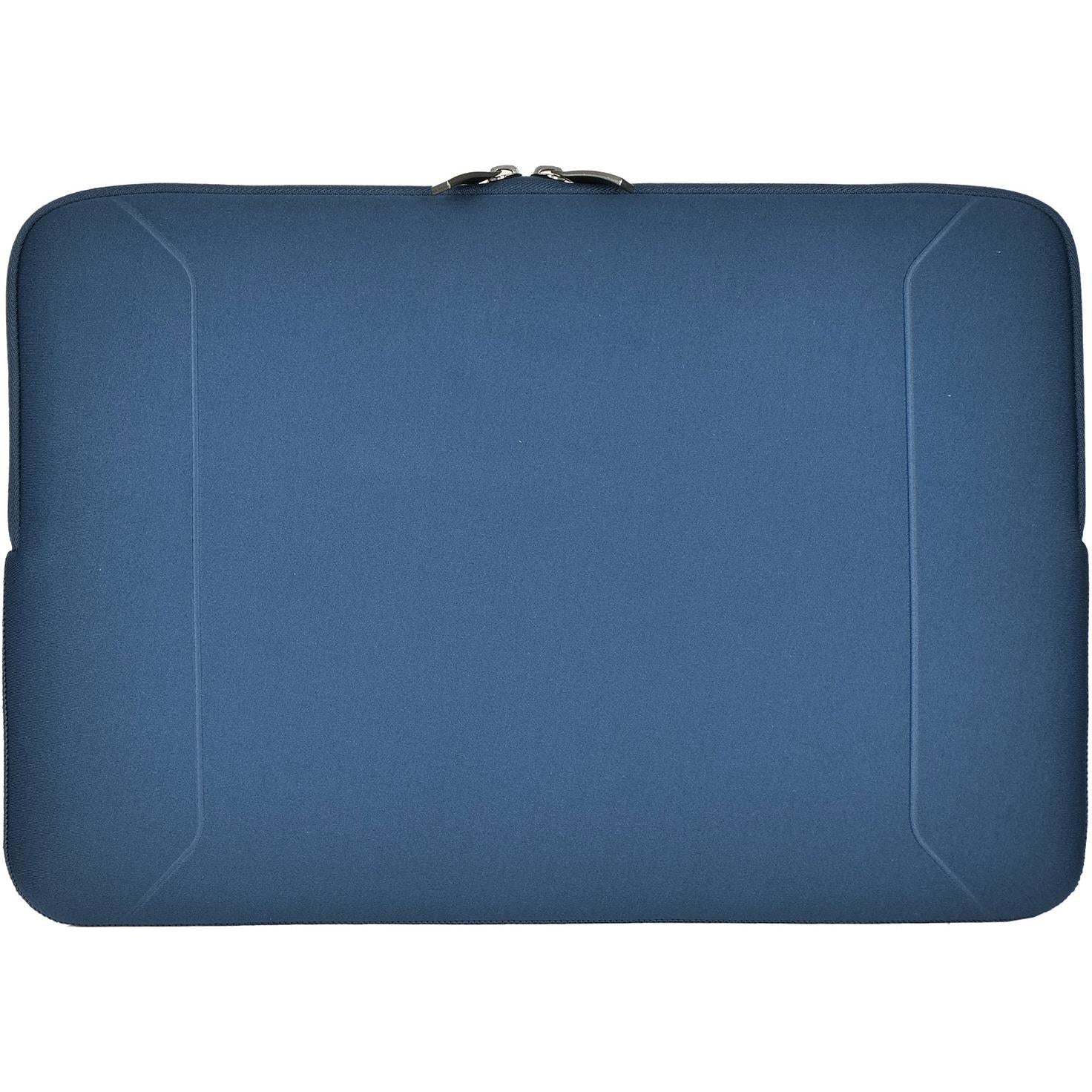 Blue neoprene laptop sleeve with corner seams and zip closure