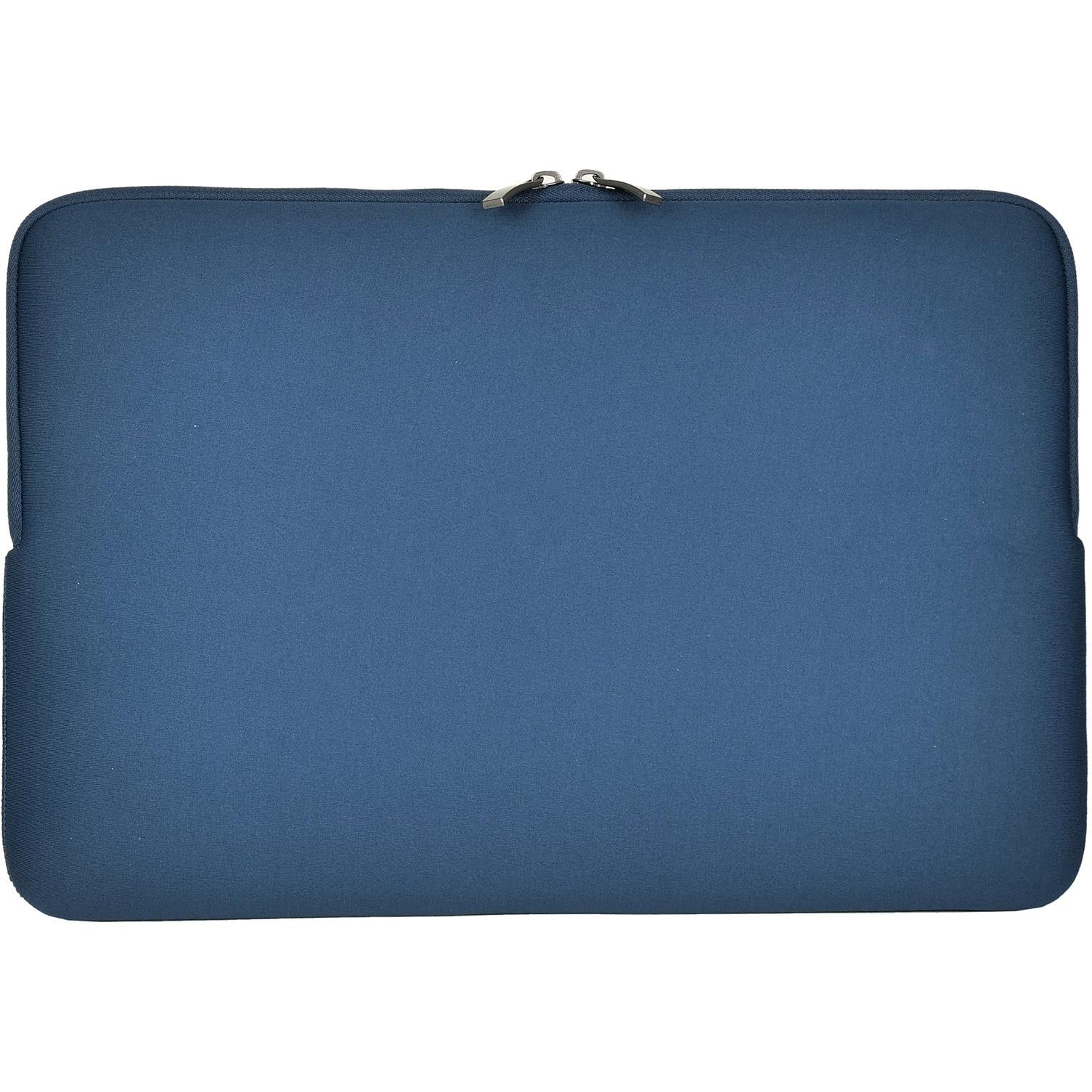 Blue neoprene laptop sleeve with top zip and rounded corners
