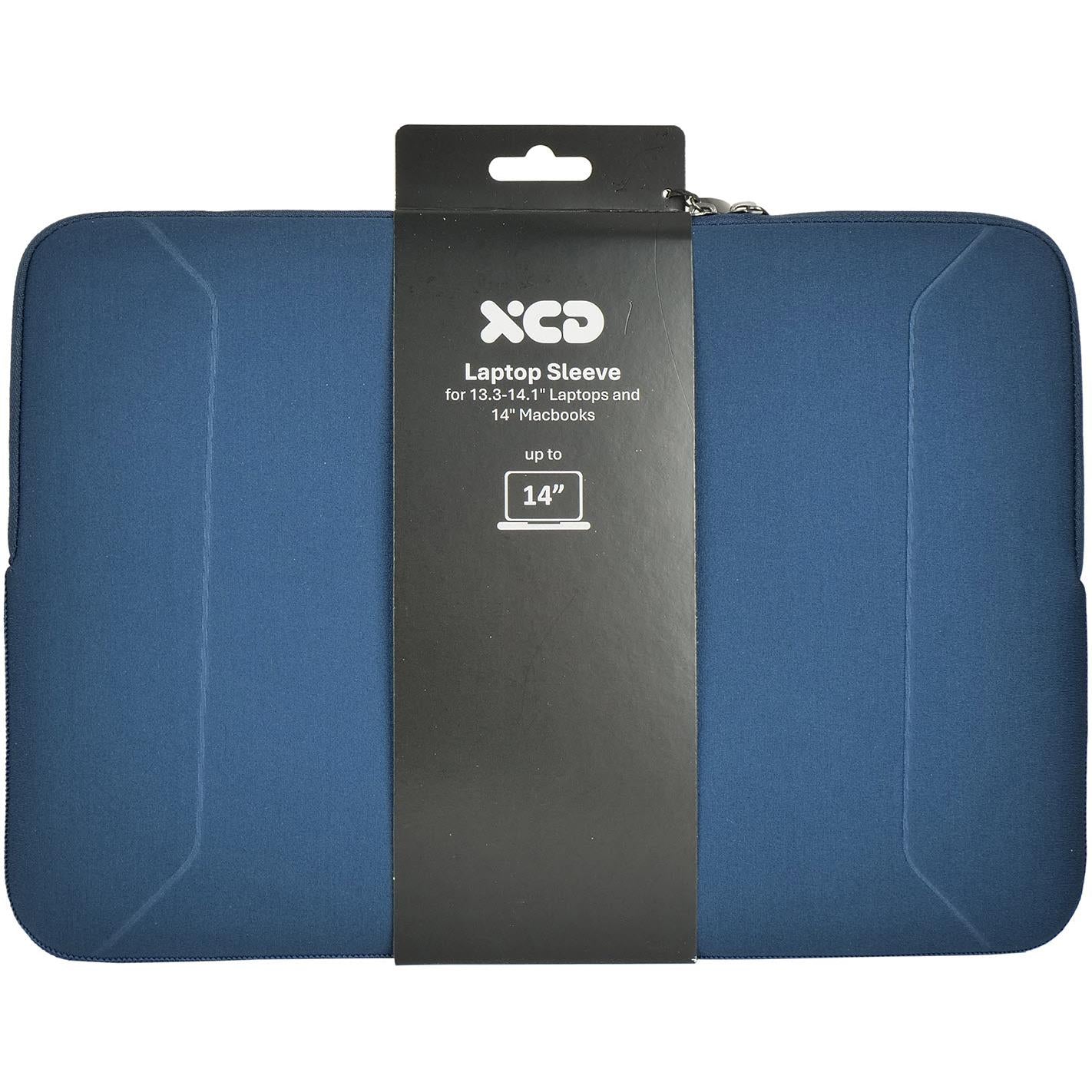 Blue neoprene laptop sleeve with fleece lining on retail hang tag