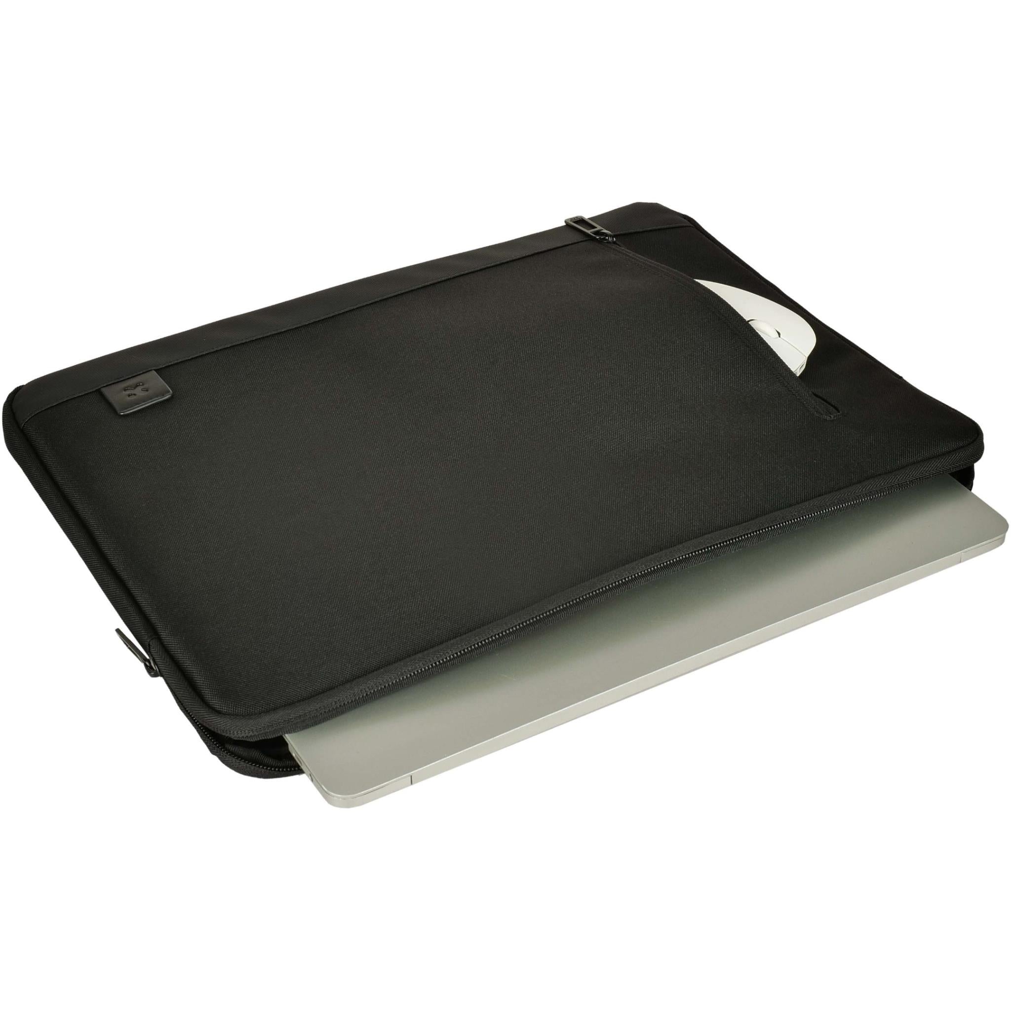 XCD black laptop sleeve with zipper, laptop insert visible