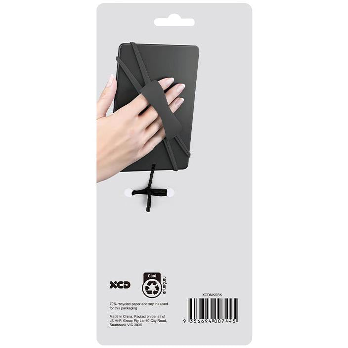 Black elastic hand strap for tablet or eReader, held in hand