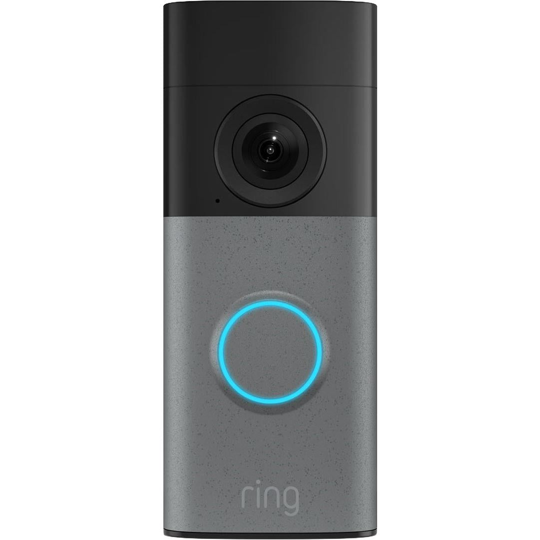 Speckle gray wired video doorbell with camera lens and glowing blue ring light