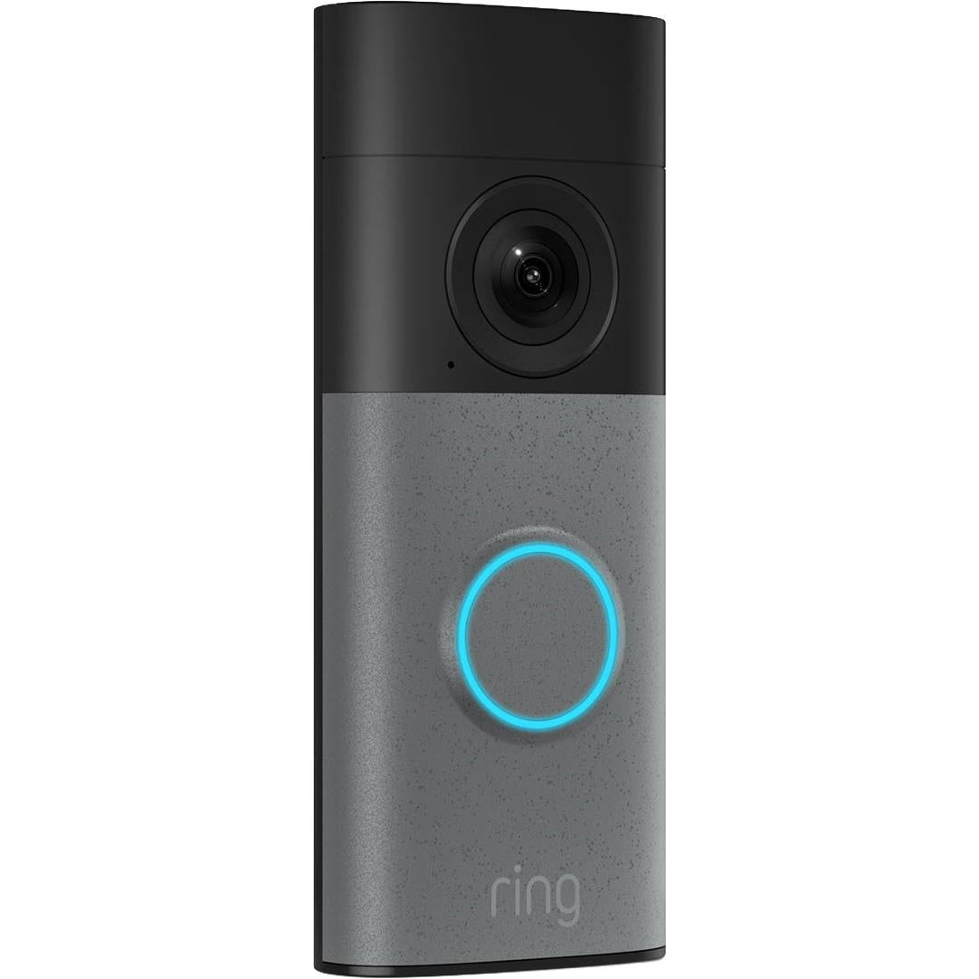Speckle gray wired video doorbell with black top, camera lens, and glowing blue ring