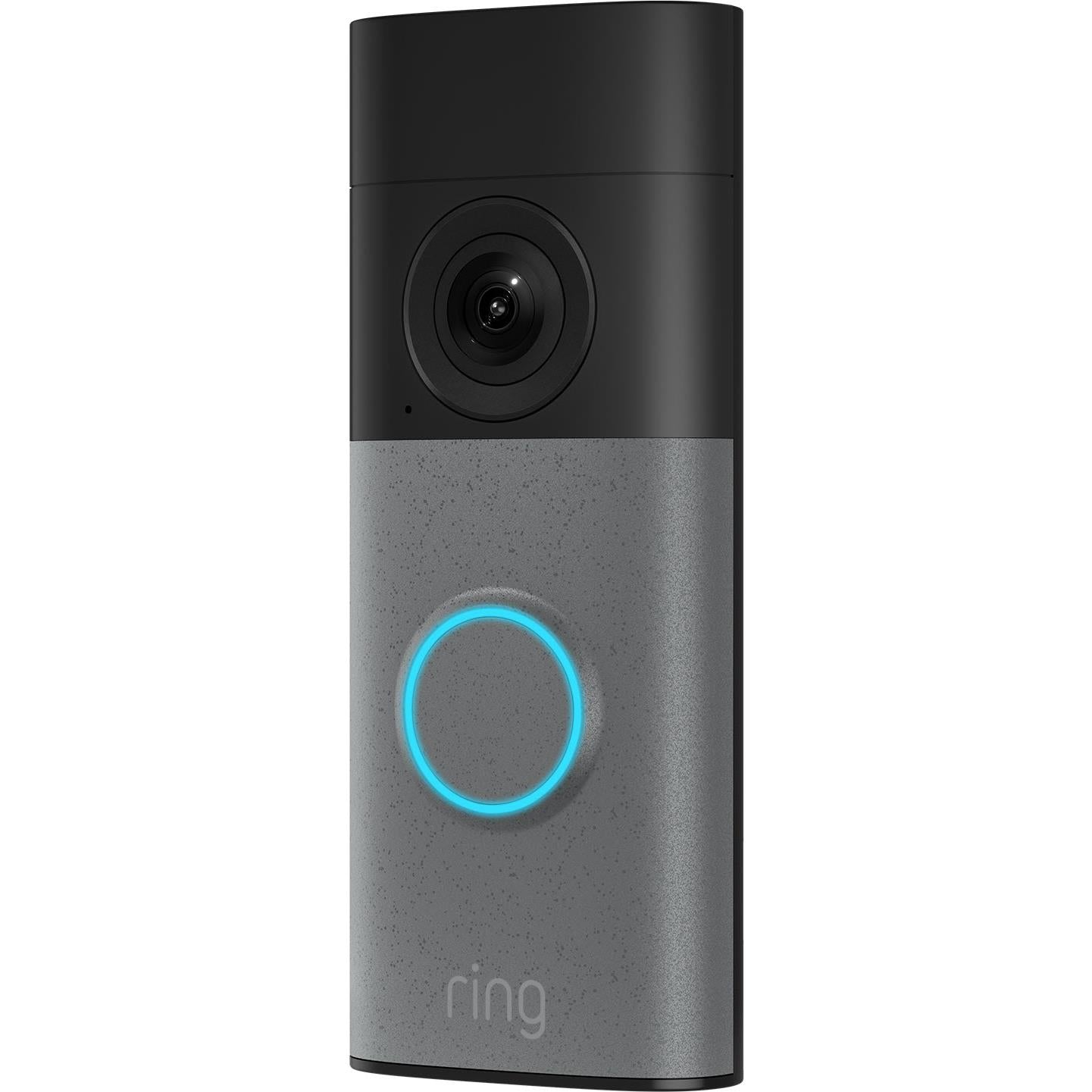 Speckle gray video doorbell camera with glowing blue ring light and front lens