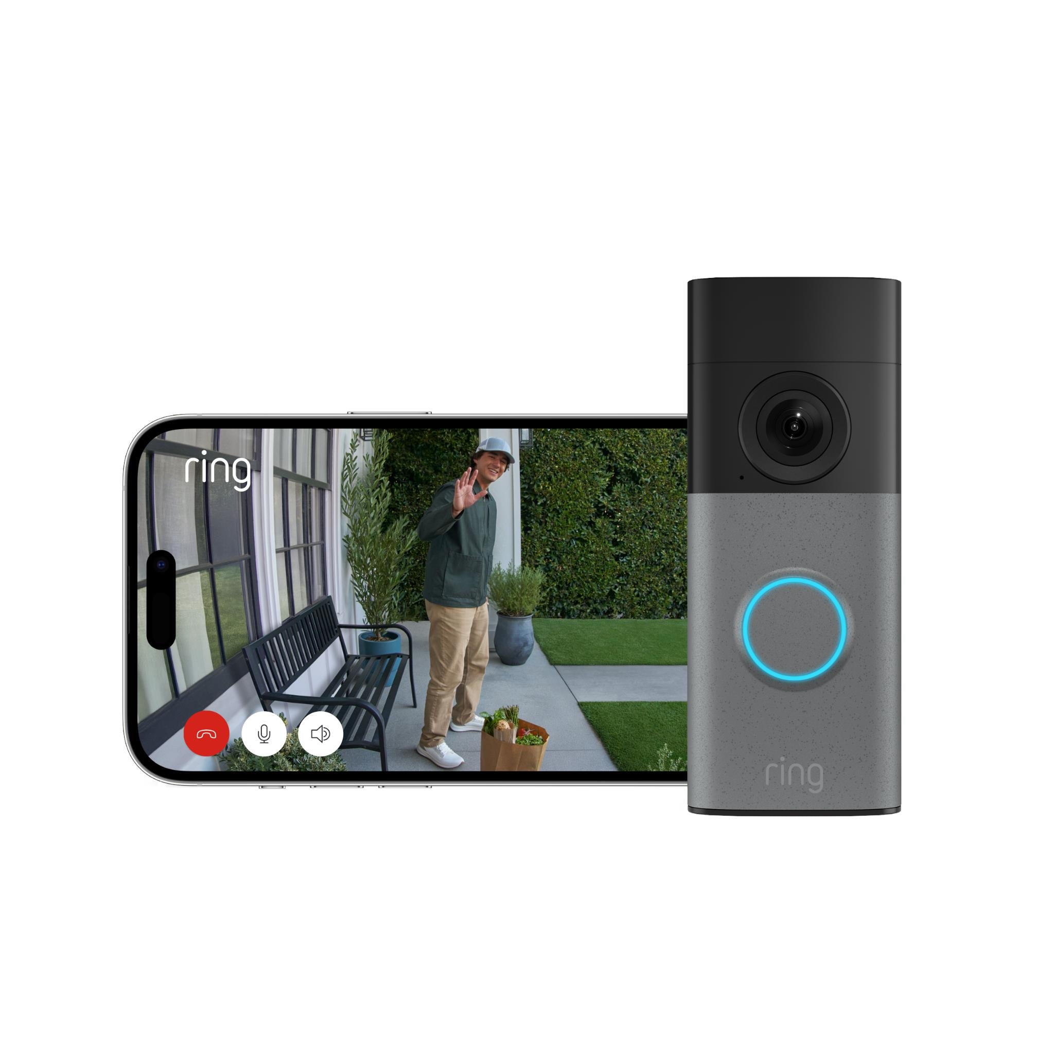 Wired video doorbell with glowing blue ring beside smartphone showing live view