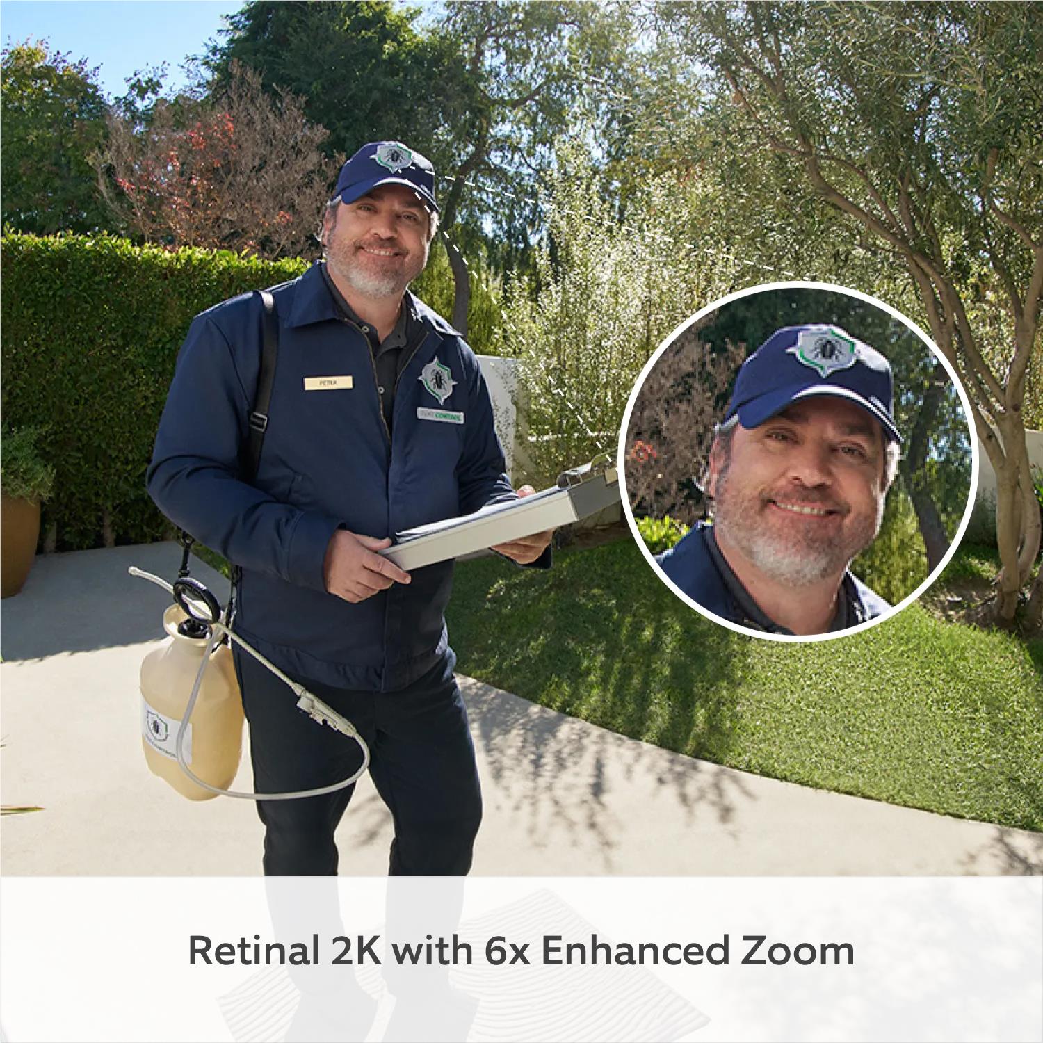 Outdoor service technician with inset headshot, featuring Ring doorbell