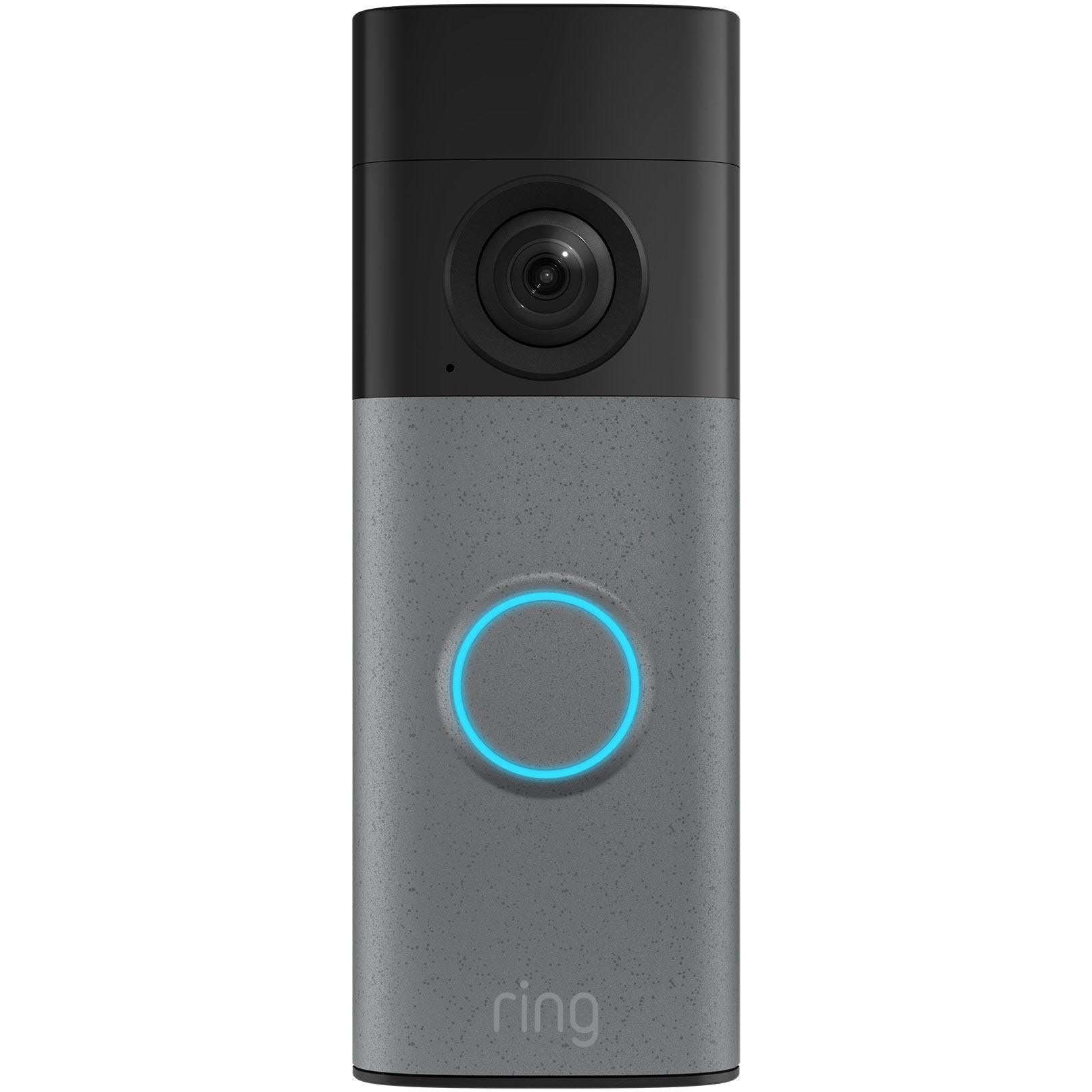 Speckle grey battery video doorbell with black camera lens and glowing blue ring