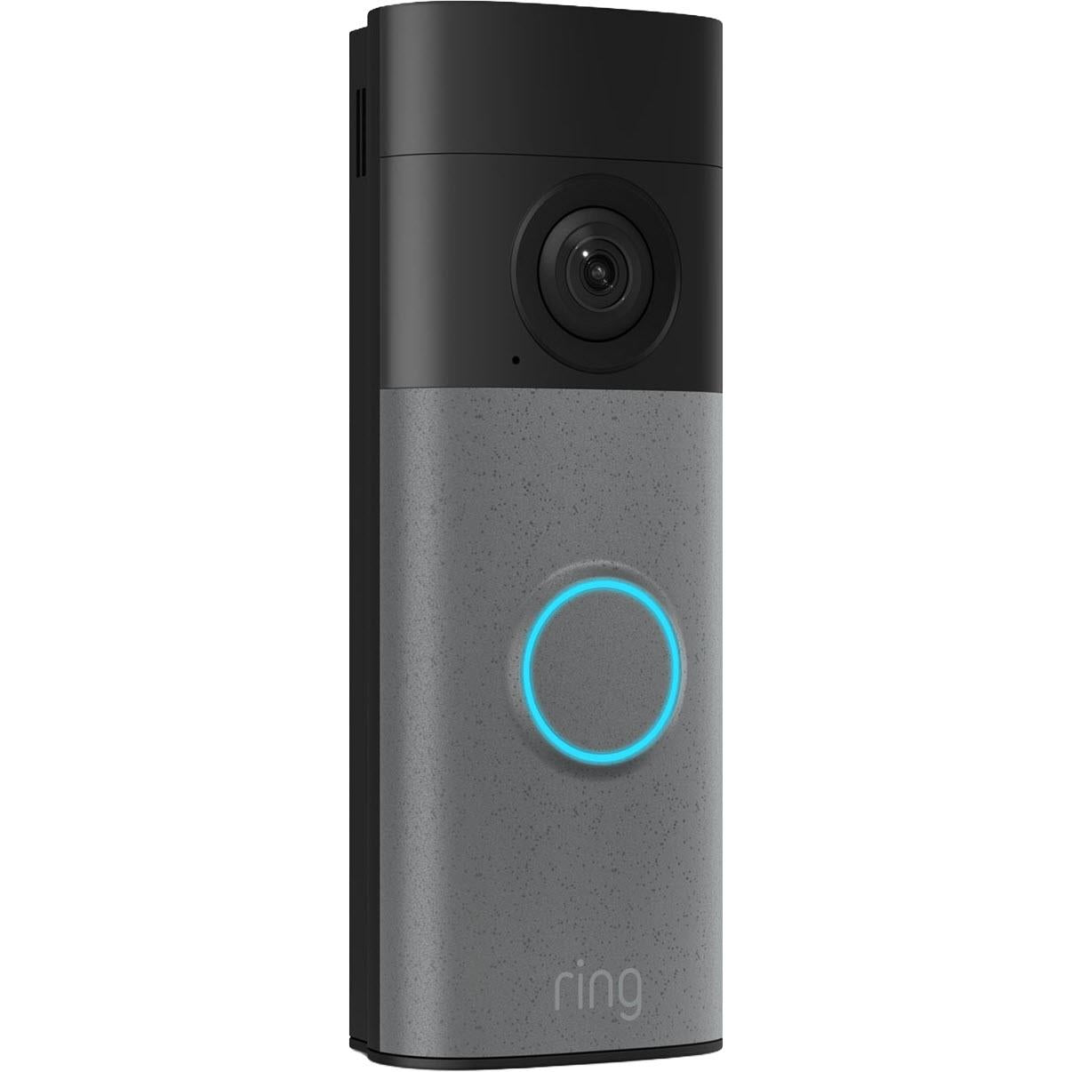 Speckle grey battery video doorbell with side vents, black camera lens, blue ring