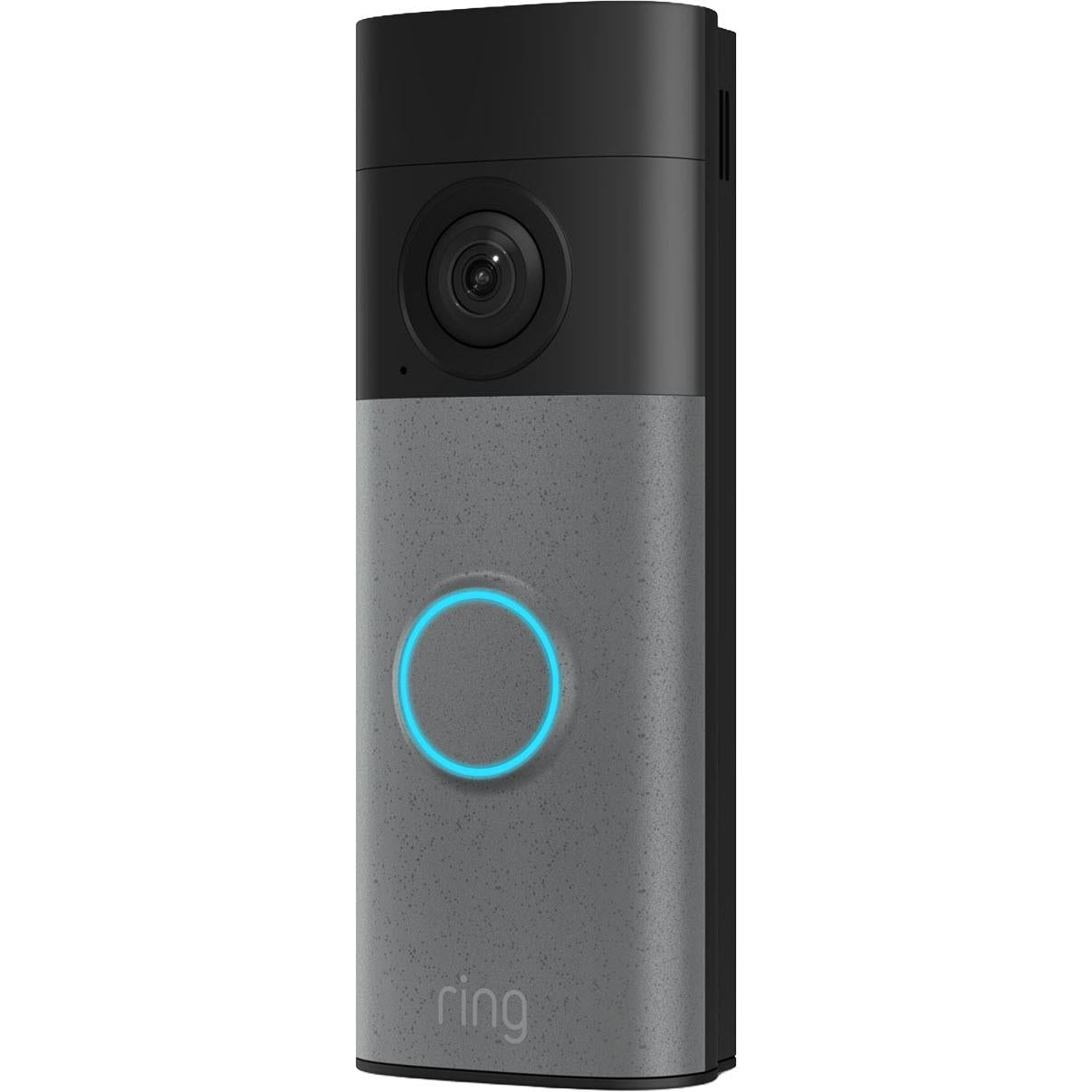 Speckle grey battery video doorbell front view with black camera lens and blue ring