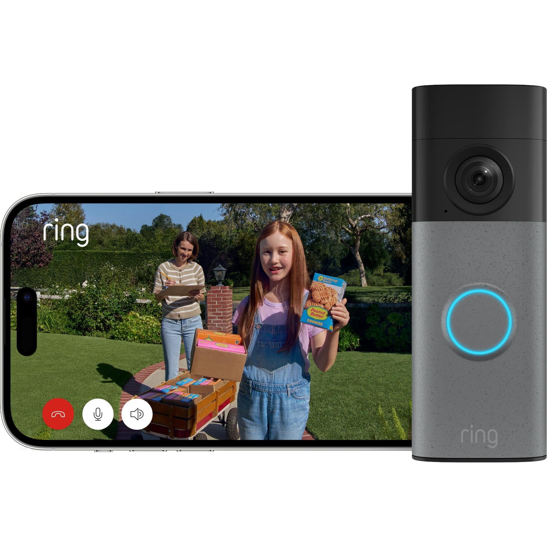 Battery video doorbell standing next to smartphone preview screen, blue ring illuminated