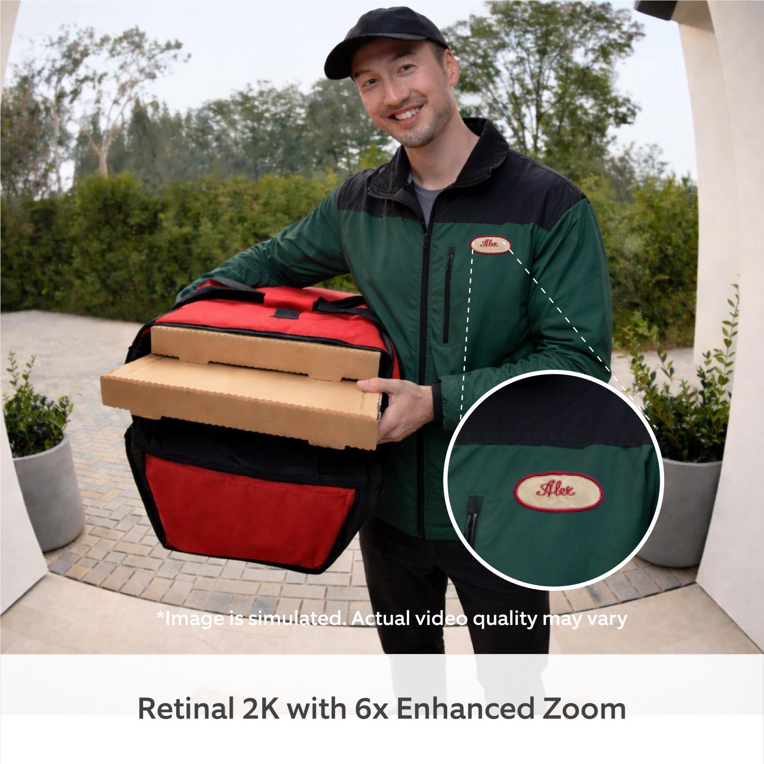 Battery video doorbell shown with delivery person holding packages; blue ring illuminated