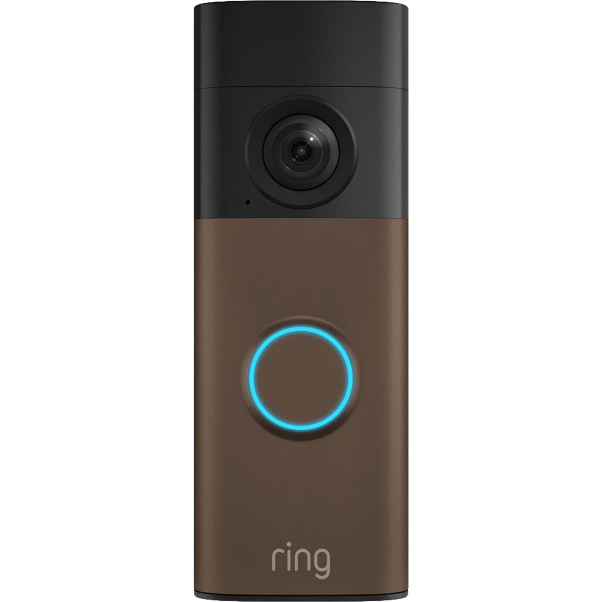 Matte mocha battery video doorbell with camera lens and blue ring light