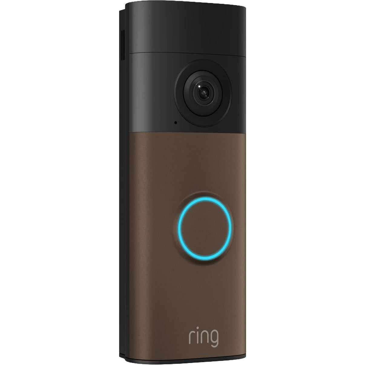 Matte mocha battery video doorbell front view with blue ring light