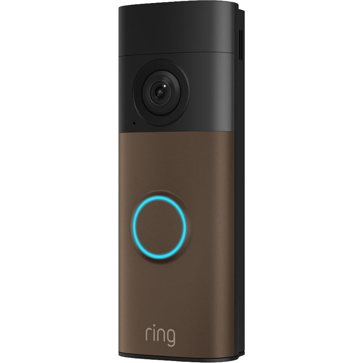 Matte mocha battery video doorbell angled view with blue ring light