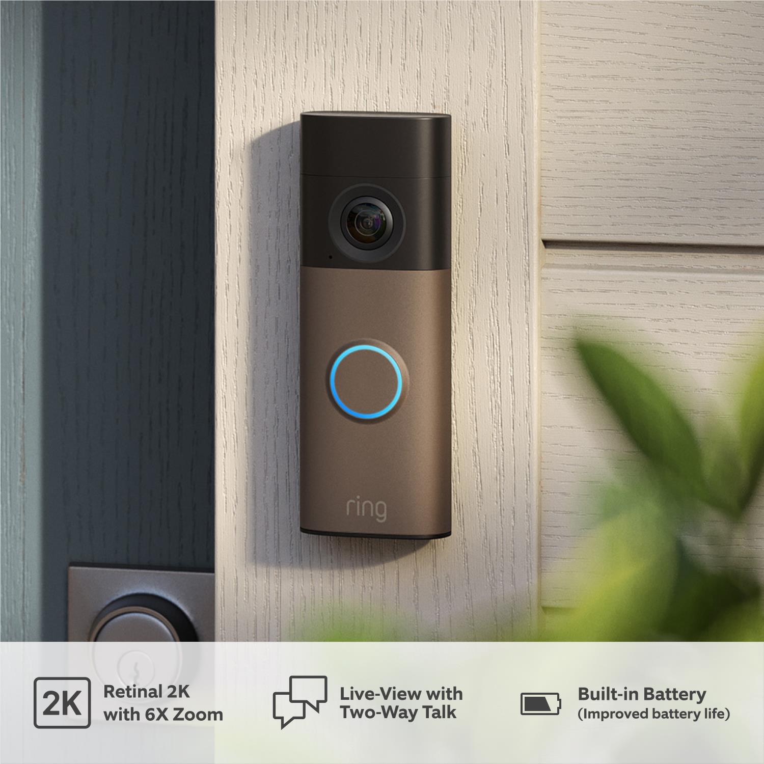 Matte mocha battery video doorbell mounted on wall with blue ring light