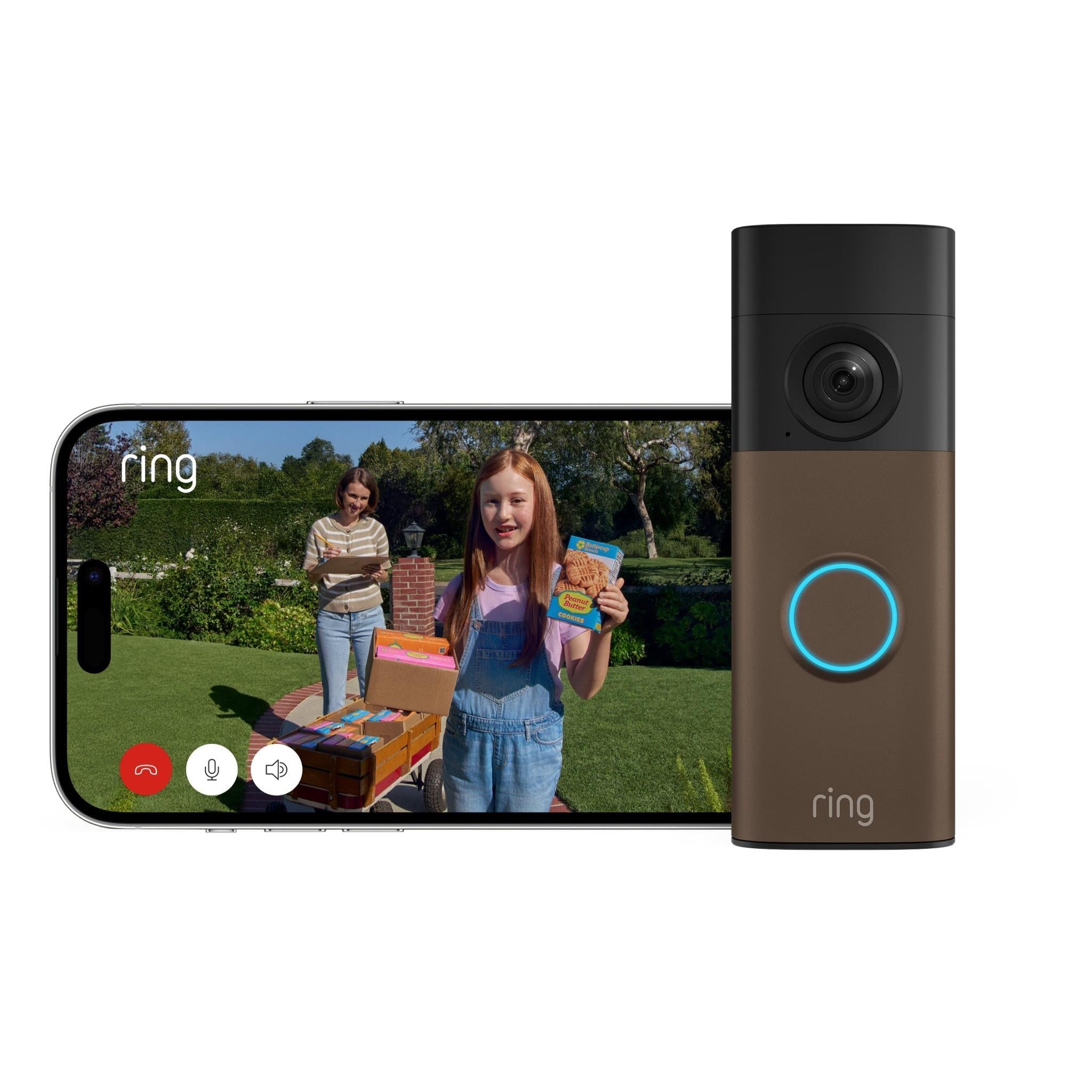 Matte mocha battery video doorbell with smartphone showing live view