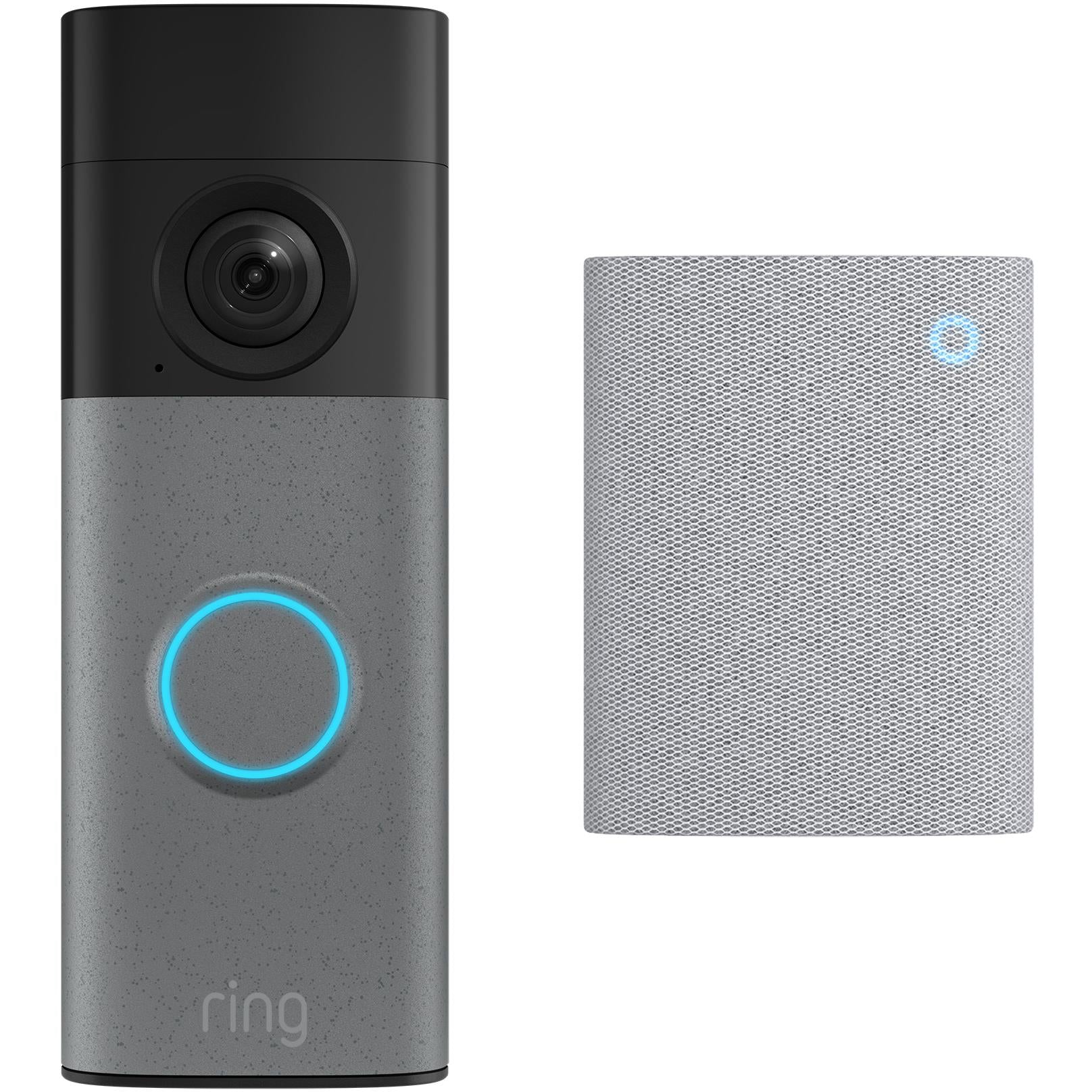 Ring battery video doorbell in speckle grey with camera lens and glowing ring button