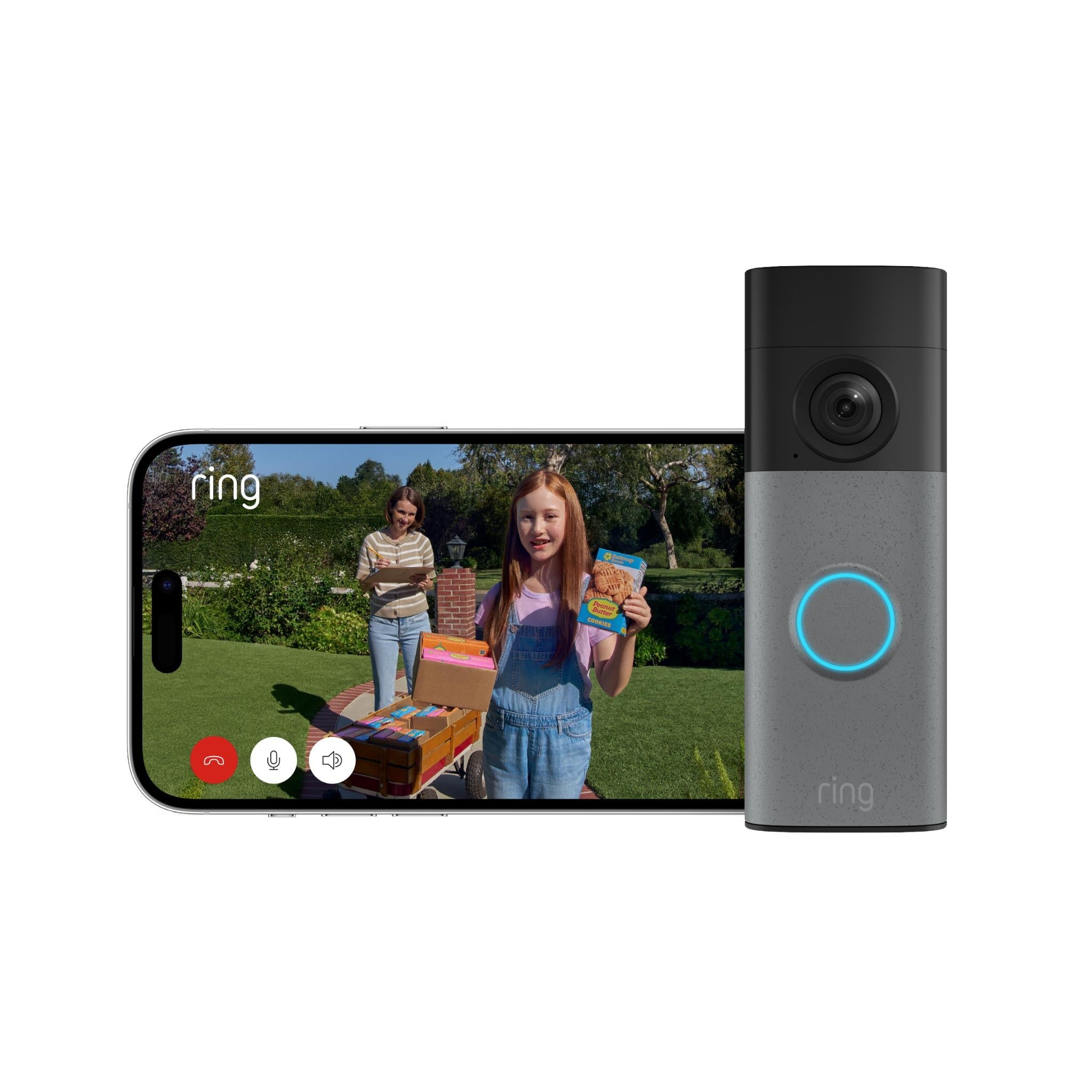 Ring battery video doorbell in speckle grey with glowing ring button and smartphone video view