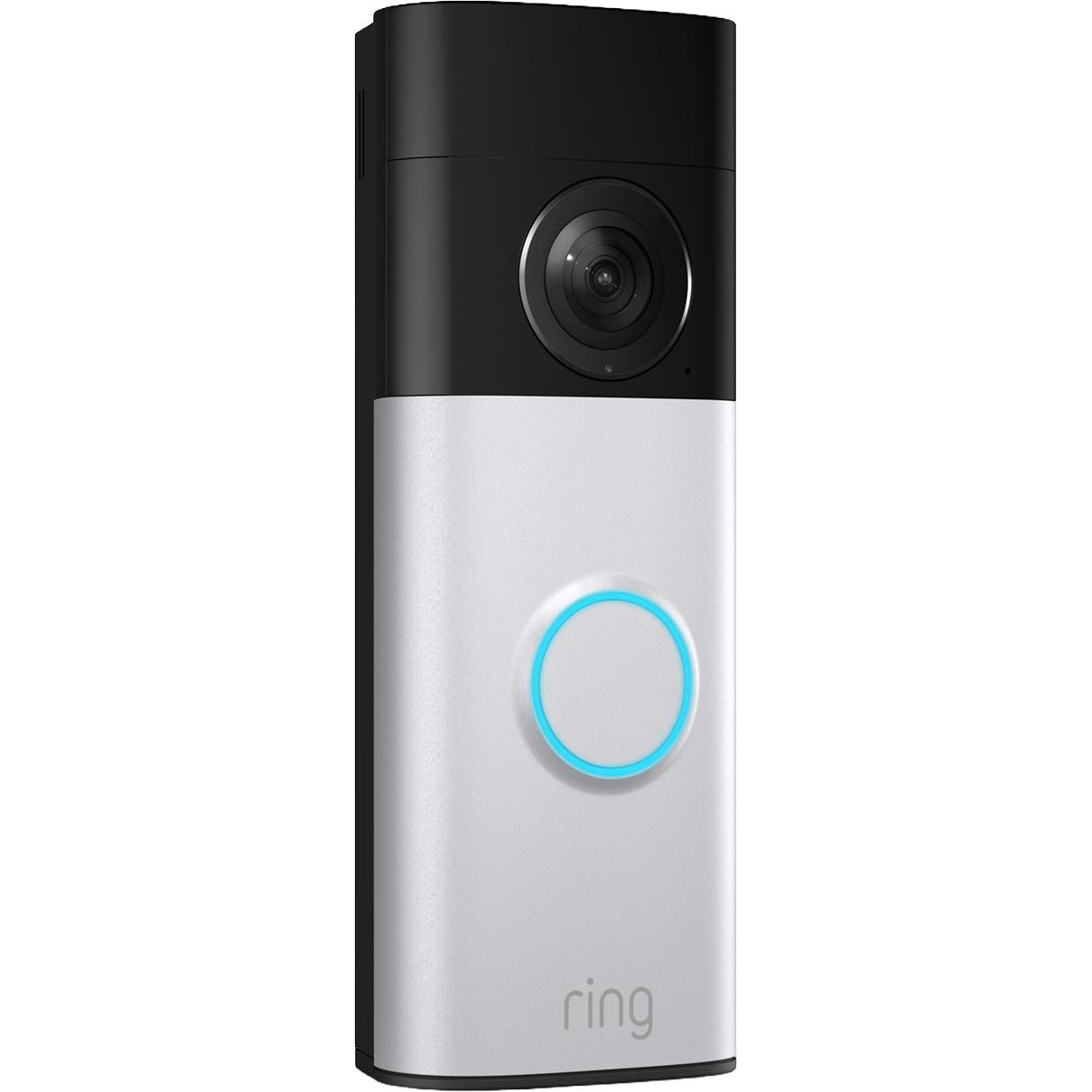 Ring battery video doorbell in black and silver with circular blue button