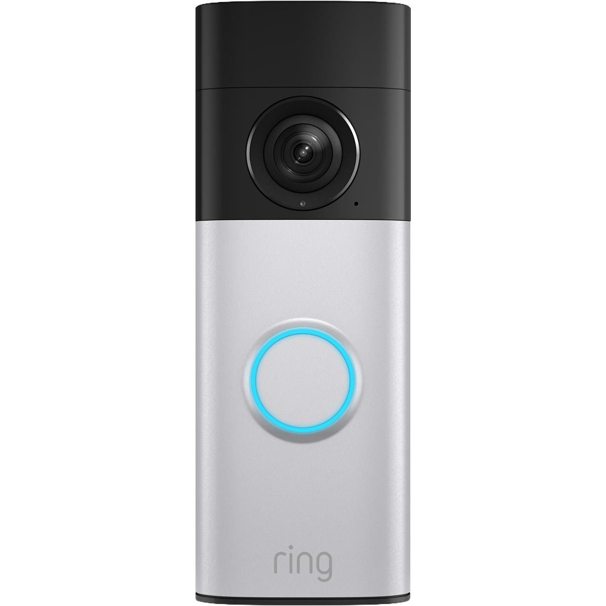 Ring battery video doorbell with black top, silver body, and blue-ring door button