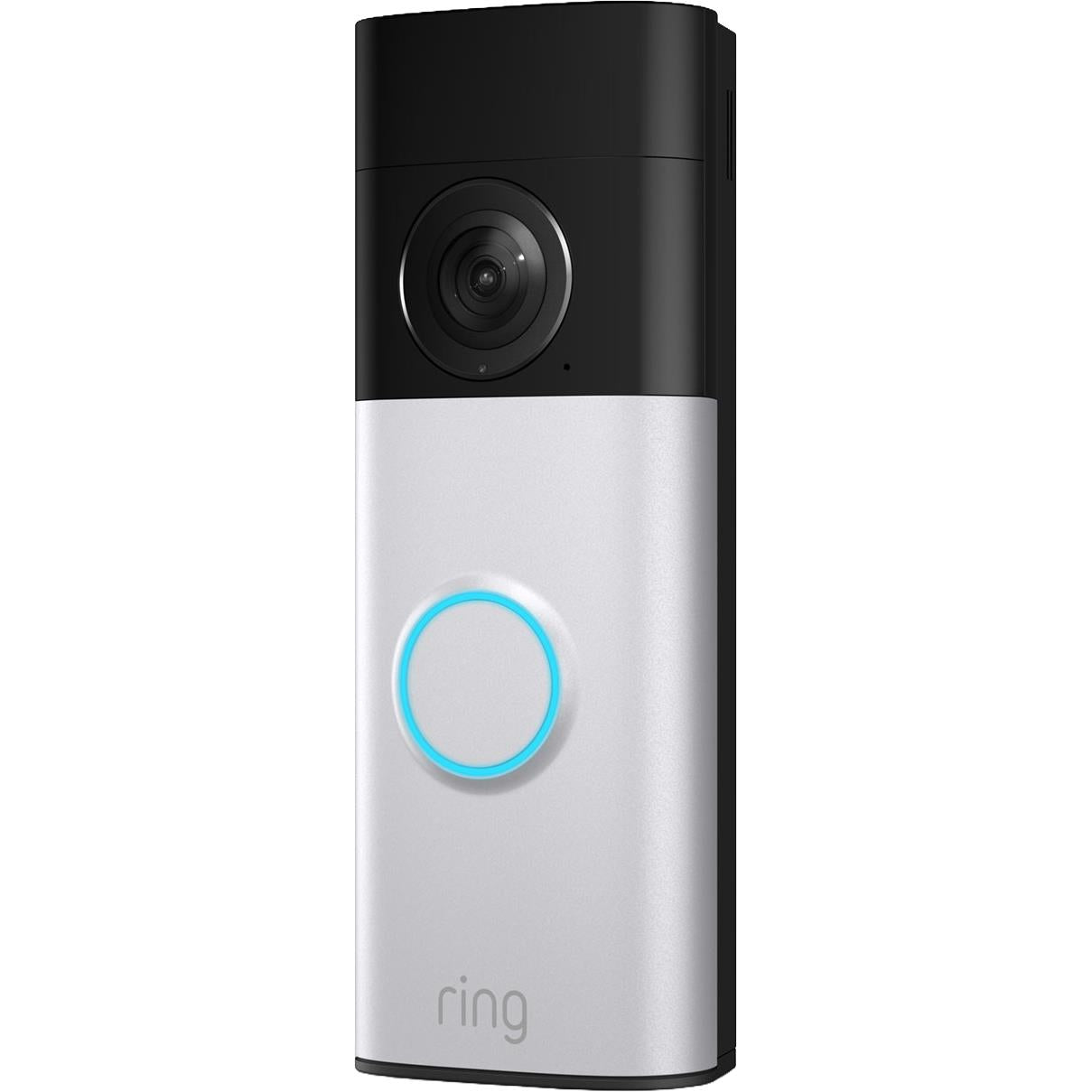 Ring battery video doorbell with black camera housing, silver body, and blue door button