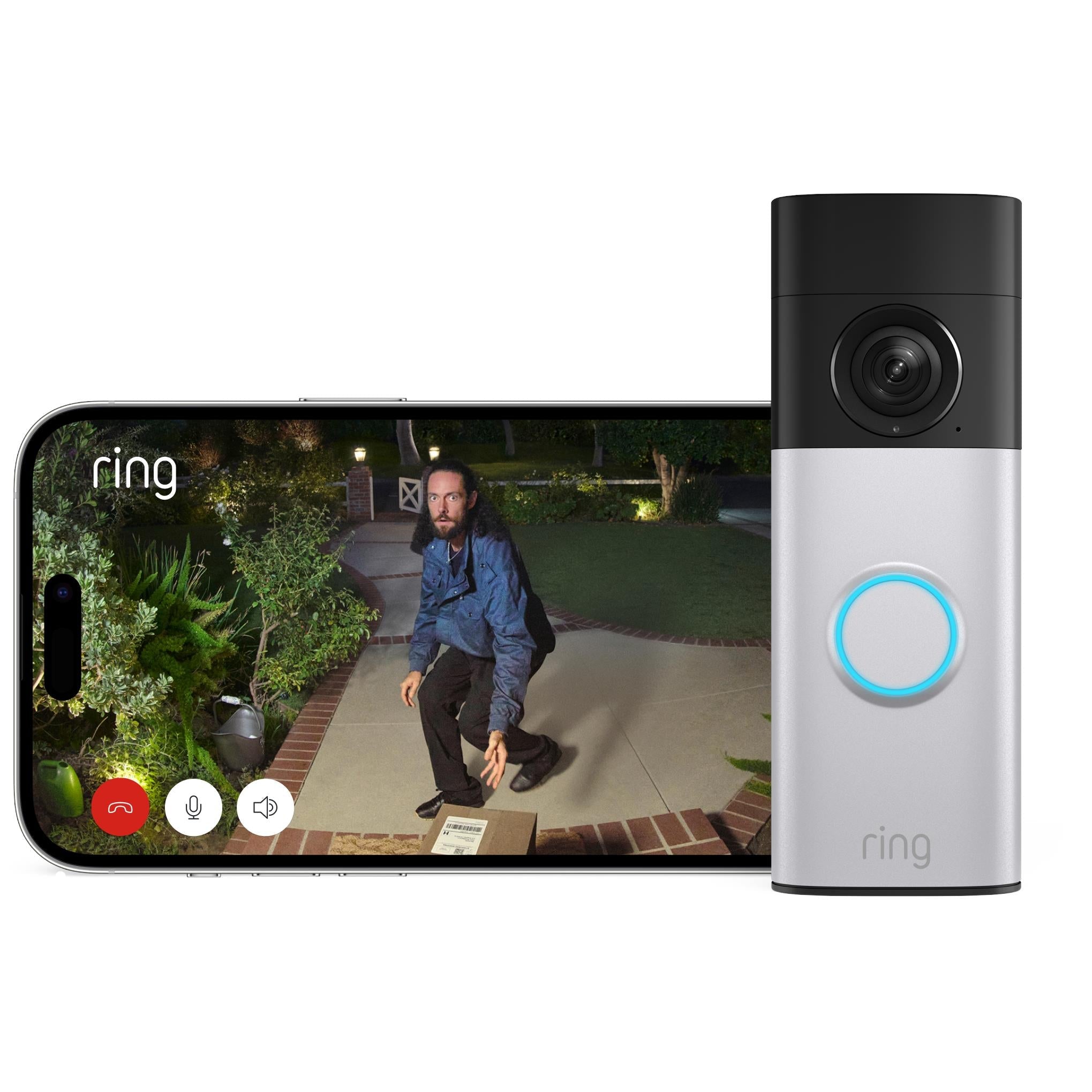 Ring battery video doorbell next to live viewer screen with person crouching on walkway