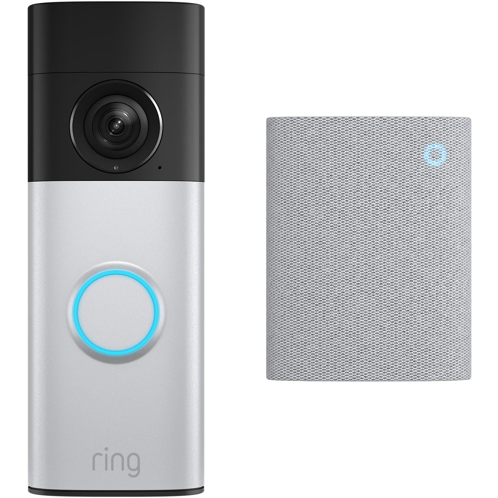 Video doorbell with blue illuminated ring button, black top and silver body, with indoor mesh chime