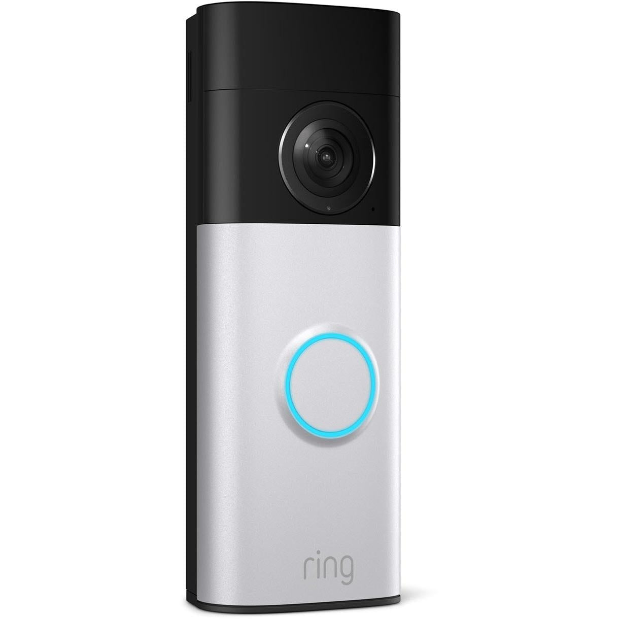 Tall video doorbell with black top, silver body, and blue illuminated ring button
