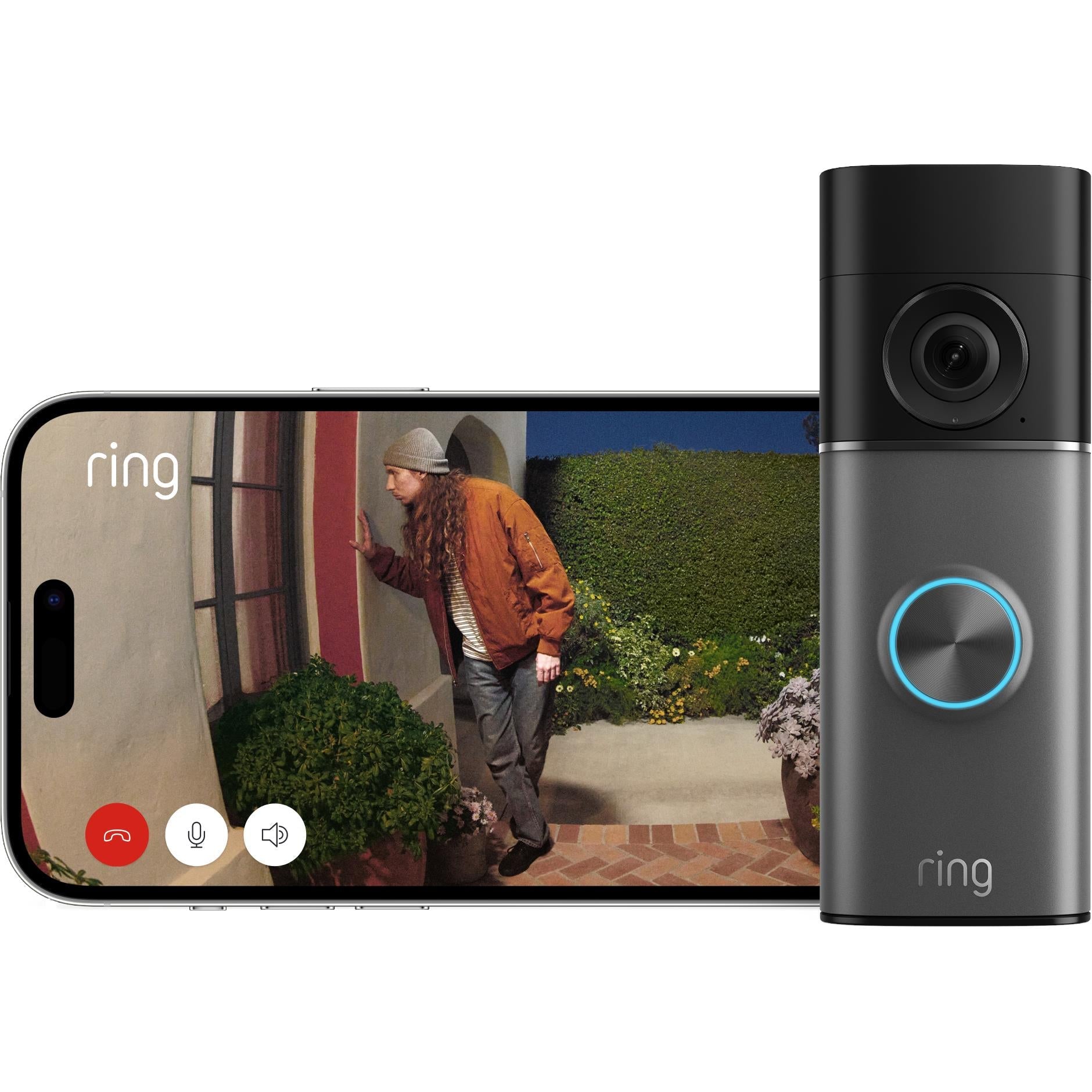 Ring battery video doorbell next to a smartphone showing the live door view