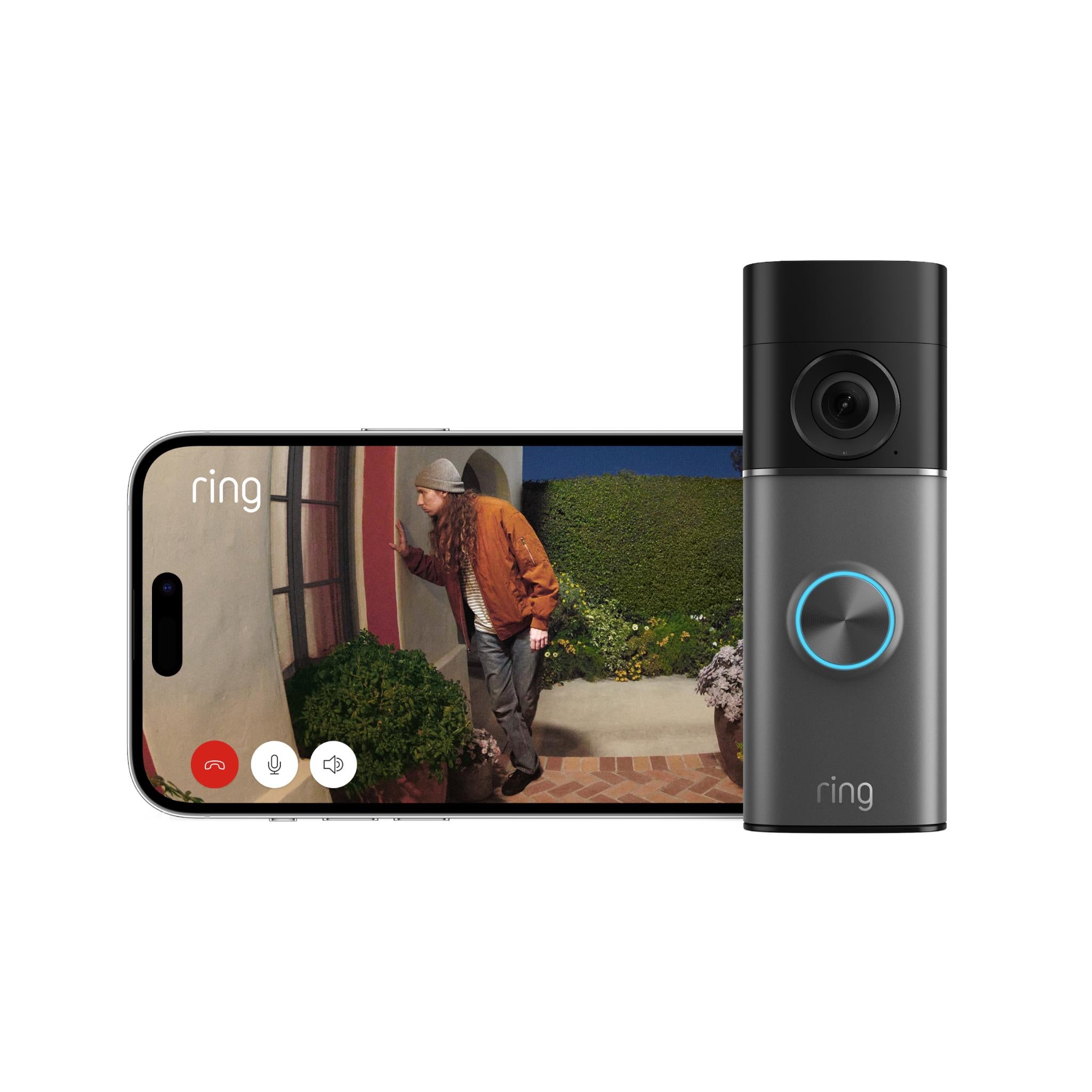 Ring battery video doorbell with smartphone live view screen beside it