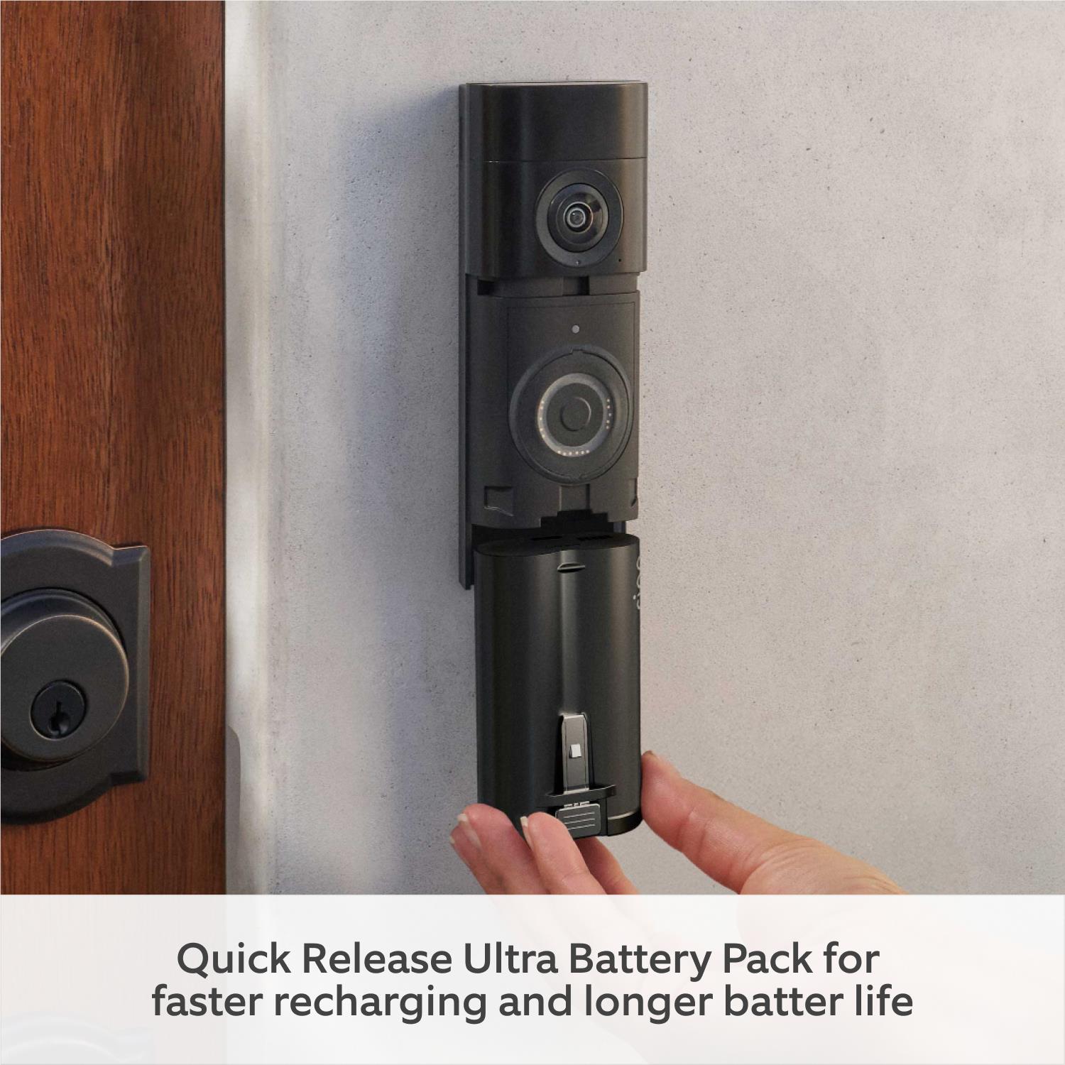 Ring doorbell with attached battery pack being inserted by a hand