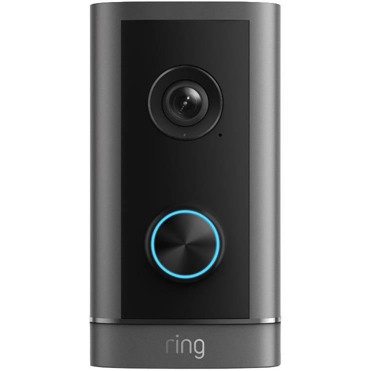 Ring wired video doorbell with front camera and glowing blue light button