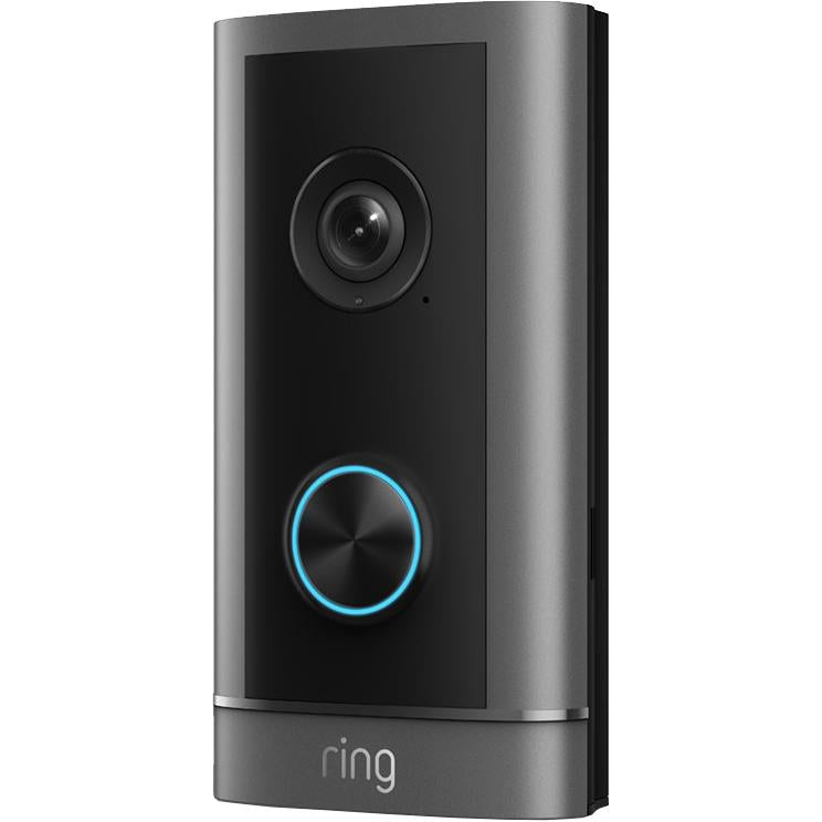 Ring wired video doorbell front view with camera lens and blue ring button